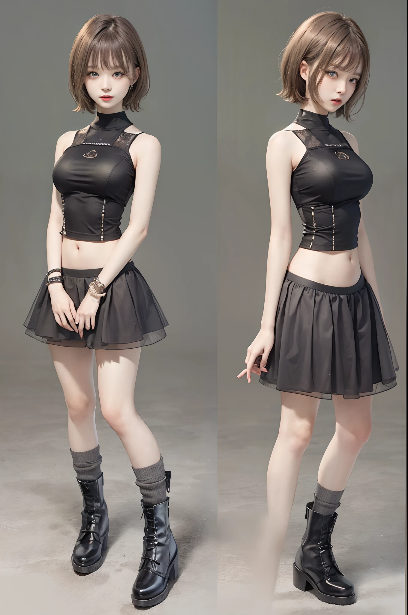 Top image quality、Raw photography、超A high resolution、An 18-year-old woman、Shooting for one person only、modelshoot、big round chest、cleavage of the breast、Wearing a tank top、Wearing a black skirt、Beautiful Eyes of Details、very elongated eyes、Beautiful eyelashes、Beautiful double eyelids、Gray walls、very slender legs、Shorthair with light brown hair、very slender physique、Very small buttocks