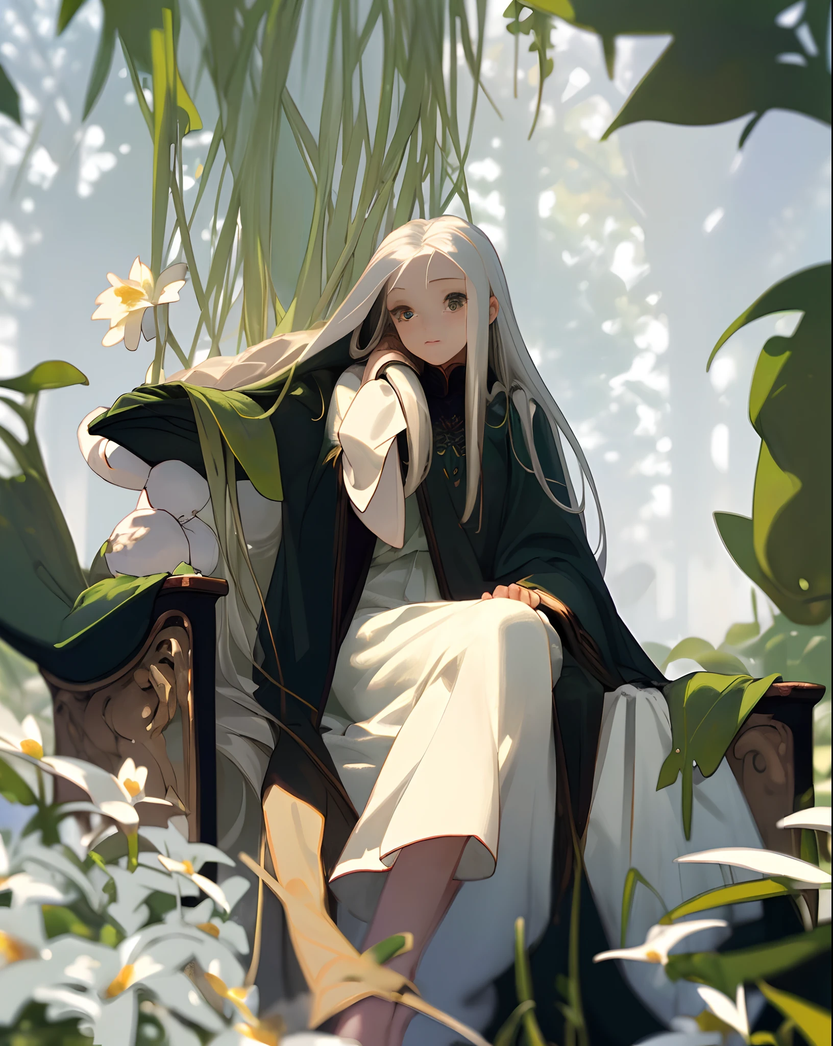 (masterpiece, best quality),1girl with long white hair sitting in a field of green plants and flowers, her hand under her chin, warm lighting, white dress, blurry foreground