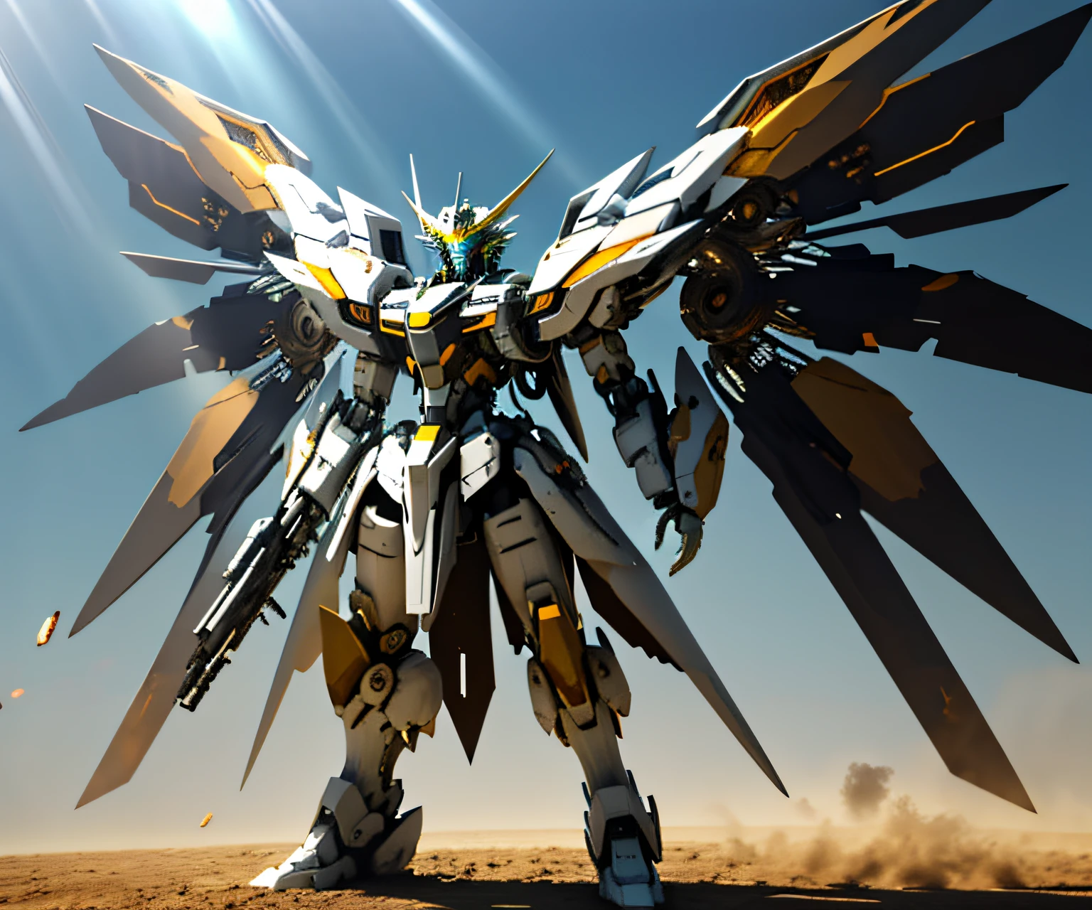 dramatic angle,dynamic angle,an extremely delicate and beautiful mecha, 8k wallpaper,masterpiece,best quality,illustration,mecha,black+gold mechanical body, science_fiction, glowing, holding_gun, no_humans, realistic, red_eyes, solo, open_hand, wings, full_body, mechanical_wings, standing, glowing_eye, weapon, cloud, glowing_eyes, jet, day, sword,flying,sunbeam, sunlight,realistic, broken,dust,smoke