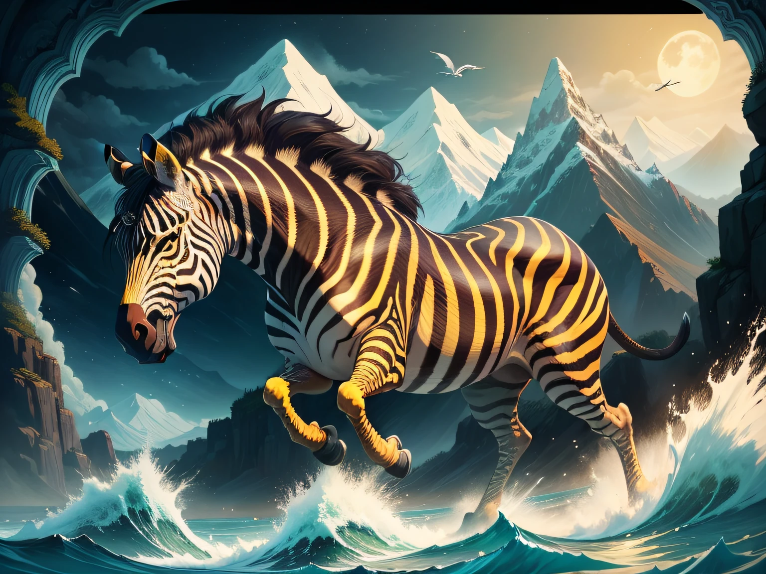tmasterpiece，High Picture Quality, Dynamic cartoon style, Inspired by the Classic of Mountains and Seas，Chinese mythology and stories, Beast image, high saturated, Yellow zebra pattern, White head, Red tail。