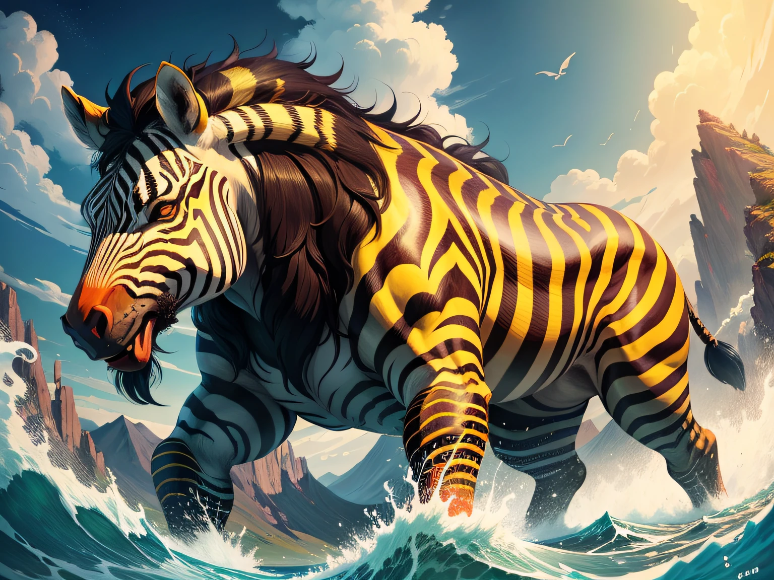 tmasterpiece,High Picture Quality, Dynamic cartoon style, Inspired by the Classic of Mountains and Seas,Chinese mythology and stories, Beast image, high saturated, Yellow zebra pattern, White head, Red tail。