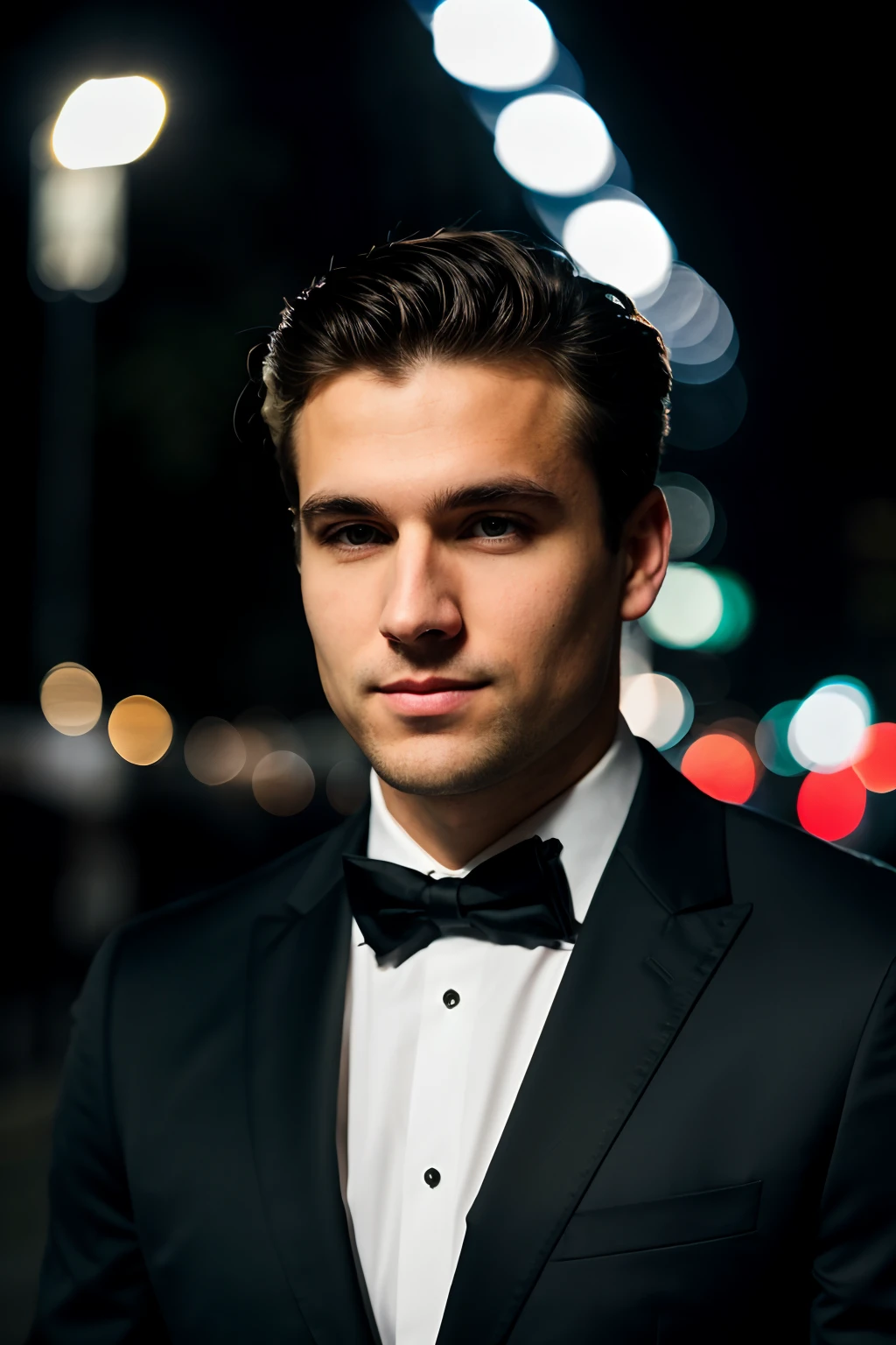 closeup face photo of caucasian man in black clothes, night city street, bokeh