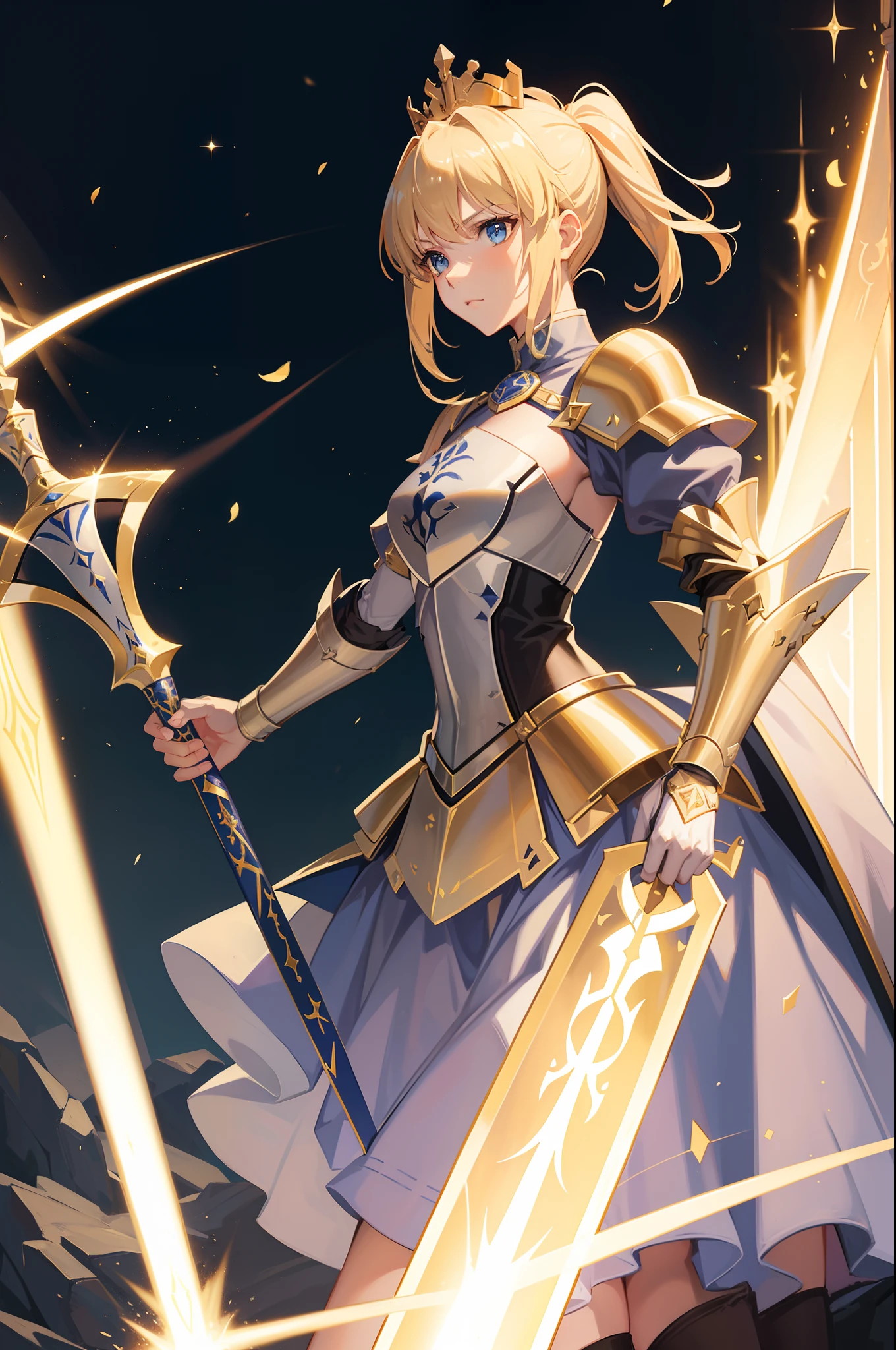 Saber Fate Stay Night, paladin outfit, great pauldron, armor hand glove, golden crown, holding excalibur, royal aura, slashing effect around, ribbon on hair, perfect body shape, sharp blue pupil, masterpieces, best anime 4k wallpaper quality, fantasy style art, river background