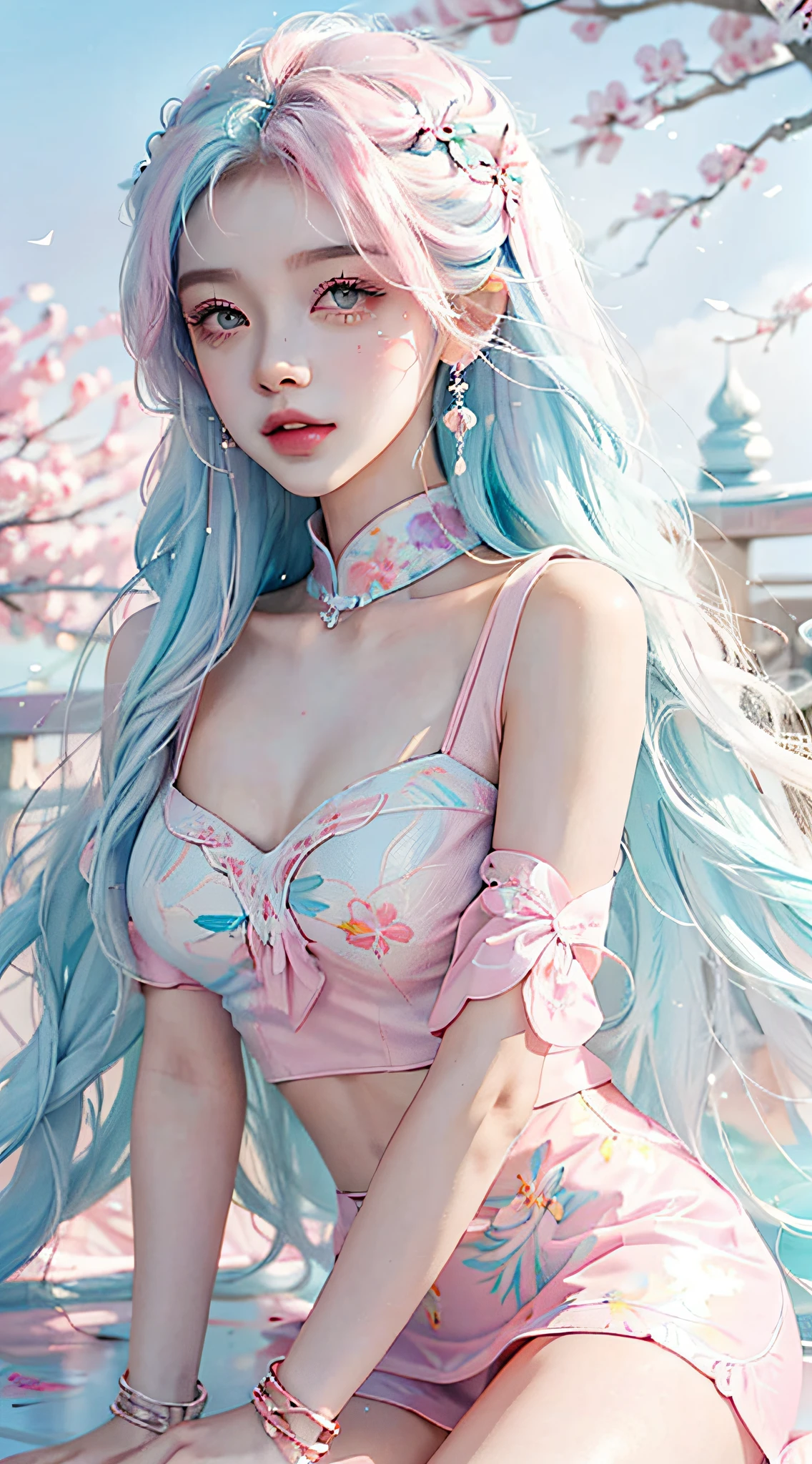 （tmasterpiece、best qualtiy、A high resolution），white backgrounid，Acrylic paints，（（splash of color，Splash ink、Color splattering）），Sweet Chinese girl，light blue long hair，[light blues|Pink big breasts]the hair，curlies，glitters，Pink lips，White color blouse，frontage，Above the legs