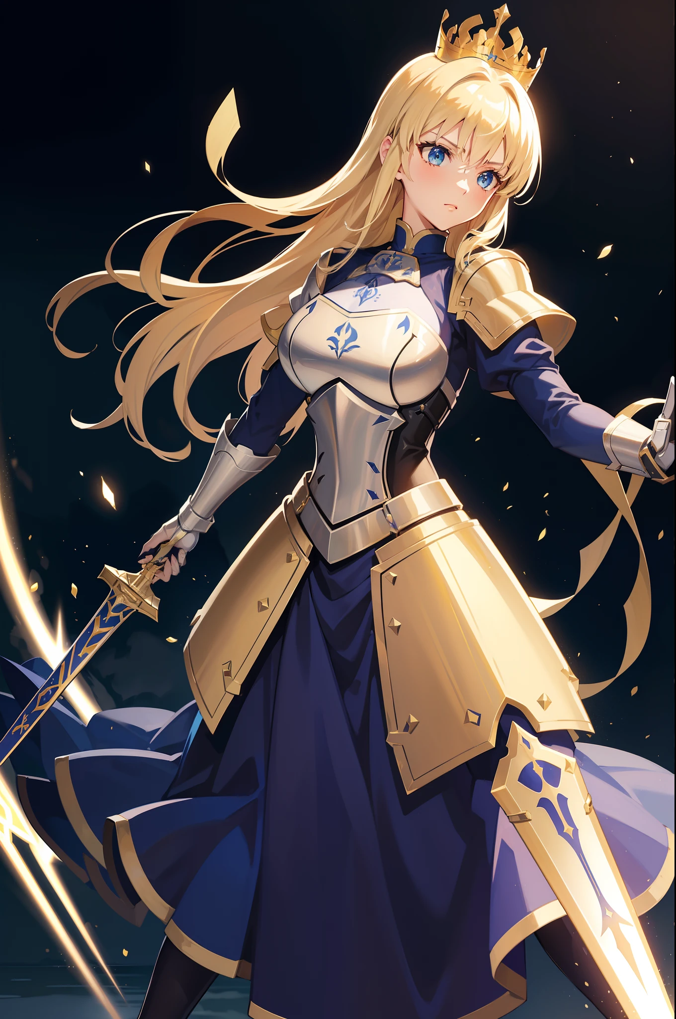 Middle-aged female, blonde hair, knight armor, holding a shield, fierce gaze, standing on path
