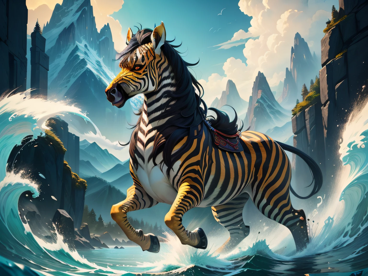 tmasterpiece，High Picture Quality, Dynamic cartoon style, Inspired by the Classic of Mountains and Seas，Chinese mythology and stories, Beast image, high saturated, Yellow zebra pattern, White head, Red tail。