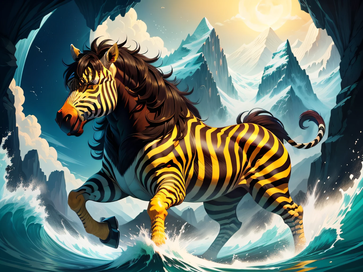 tmasterpiece，High Picture Quality, Dynamic cartoon style, Inspired by the Classic of Mountains and Seas，Chinese mythology and stories, Beast image, high saturated, Yellow zebra pattern, White head, Red tail。