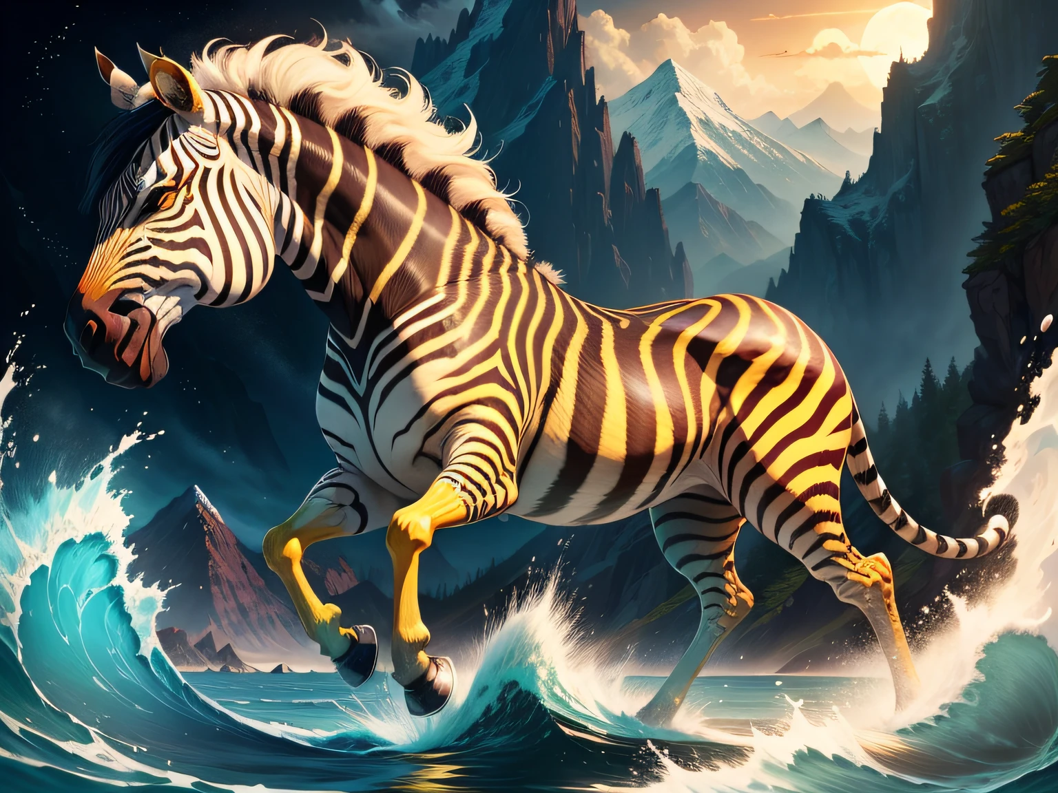 tmasterpiece，High Picture Quality, Dynamic cartoon style, Inspired by the Classic of Mountains and Seas，Chinese mythology and stories, Beast image, high saturated, Yellow zebra pattern, White head, Red tail。