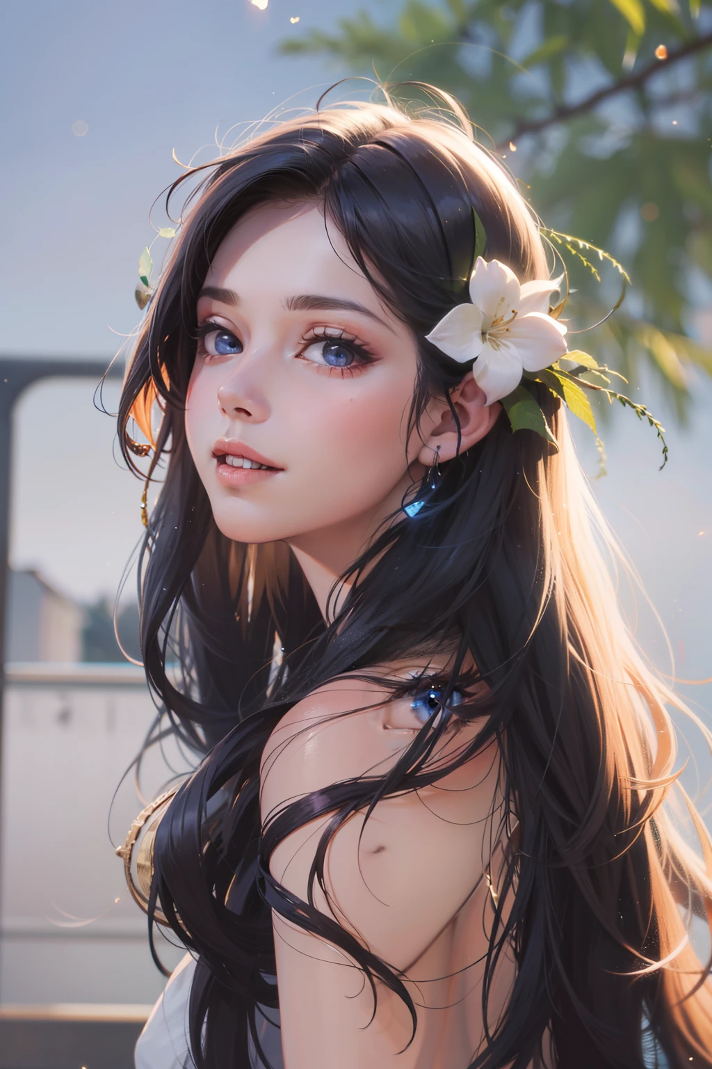 1girl,herry blossoms, 1girl, tree, solo, aurora, fireworks, long_hair, fireflies, light_particles, pine_tree, snowflake_background, milky_way, aerial_fireworks, headdress, arms behind body, blue_eyes, smile, face focus,photorealistic:1.4 detailed face,detailed eyes,shiny skin,full body,close up,looking viewers,Naked