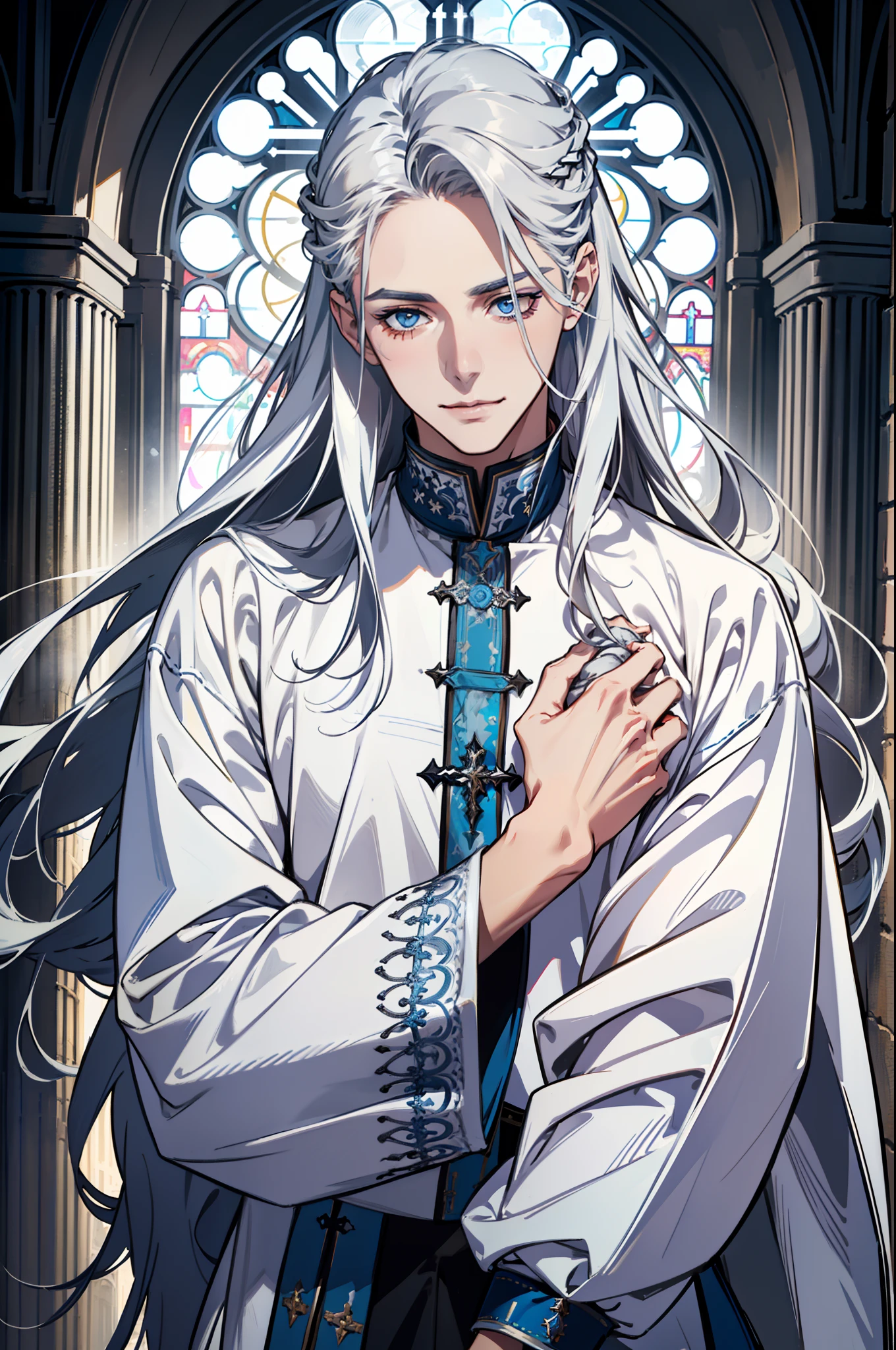1 male, beautiful male body, tall man, muscles, cute face,smile face, (Very long silver hair, Hair color silver, street hairstyle) , (silver color eyes), realistic eyes, beautiful eyes), Priest's clothes, (He wore a priest in white with some blue details, white color priest clothes), (8k wallpaper), (blue color church wallpaper) 8k, high quilty, realistic, beautiful realistic, Cool details, raw photo, realistic clothing, long hair, silver hair, realistic hair, Light and cool lighting, photo realistic, Cel shaded, Gel lighting, ultra details, (man is a priest, the high priest)