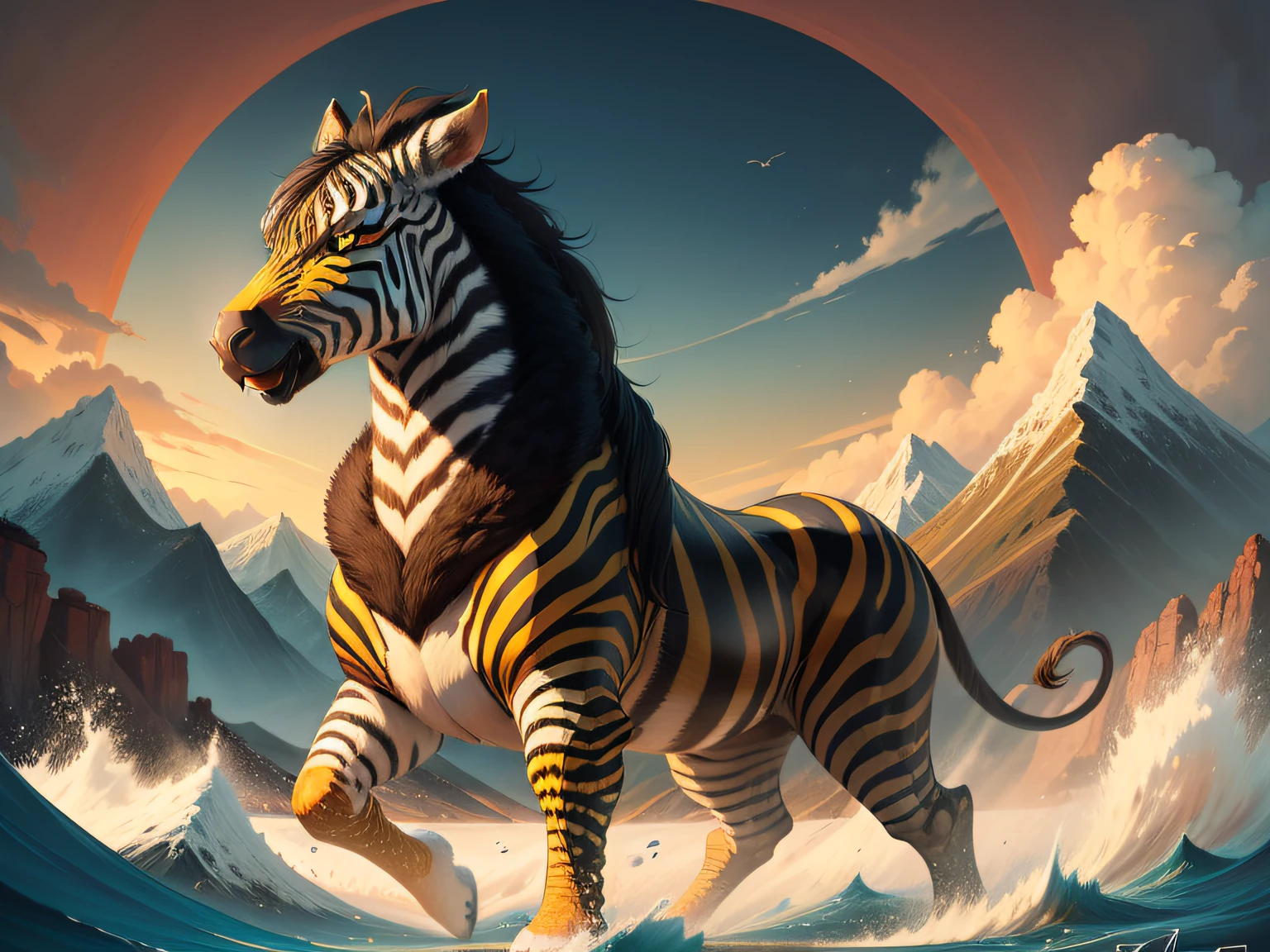 tmasterpiece，High Picture Quality, Dynamic cartoon style, Inspired by the Classic of Mountains and Seas，Chinese mythology and stories, Beast image, high saturated, Yellow zebra pattern, White head, Red tail。