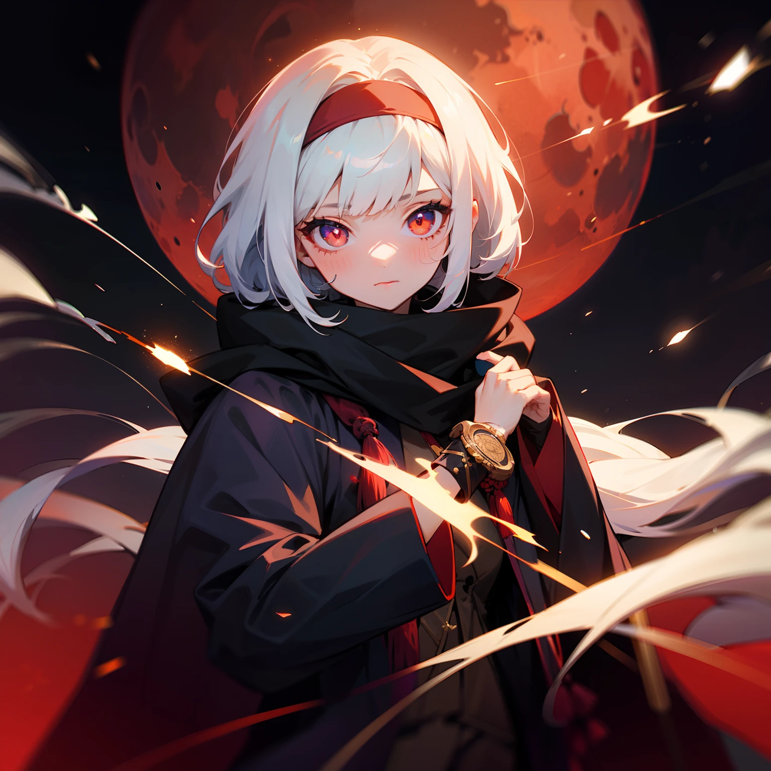 A girl with white hair,Bangs are messier,Headband hood,red pupils,Black scarf,The purple coat has tassel decorations,red moon in the background,starlights,(Lighting particles),(Light effect)