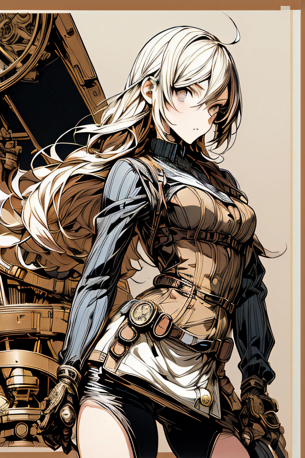 (comic book style),(linear art_Anime),(masutepiece, Best Quality, ),(Laura Bad Picture:1.2),(Lora Add Details:1.2),Highly detailed flat color work in 8K,1 girl in,steampunc、machinery background