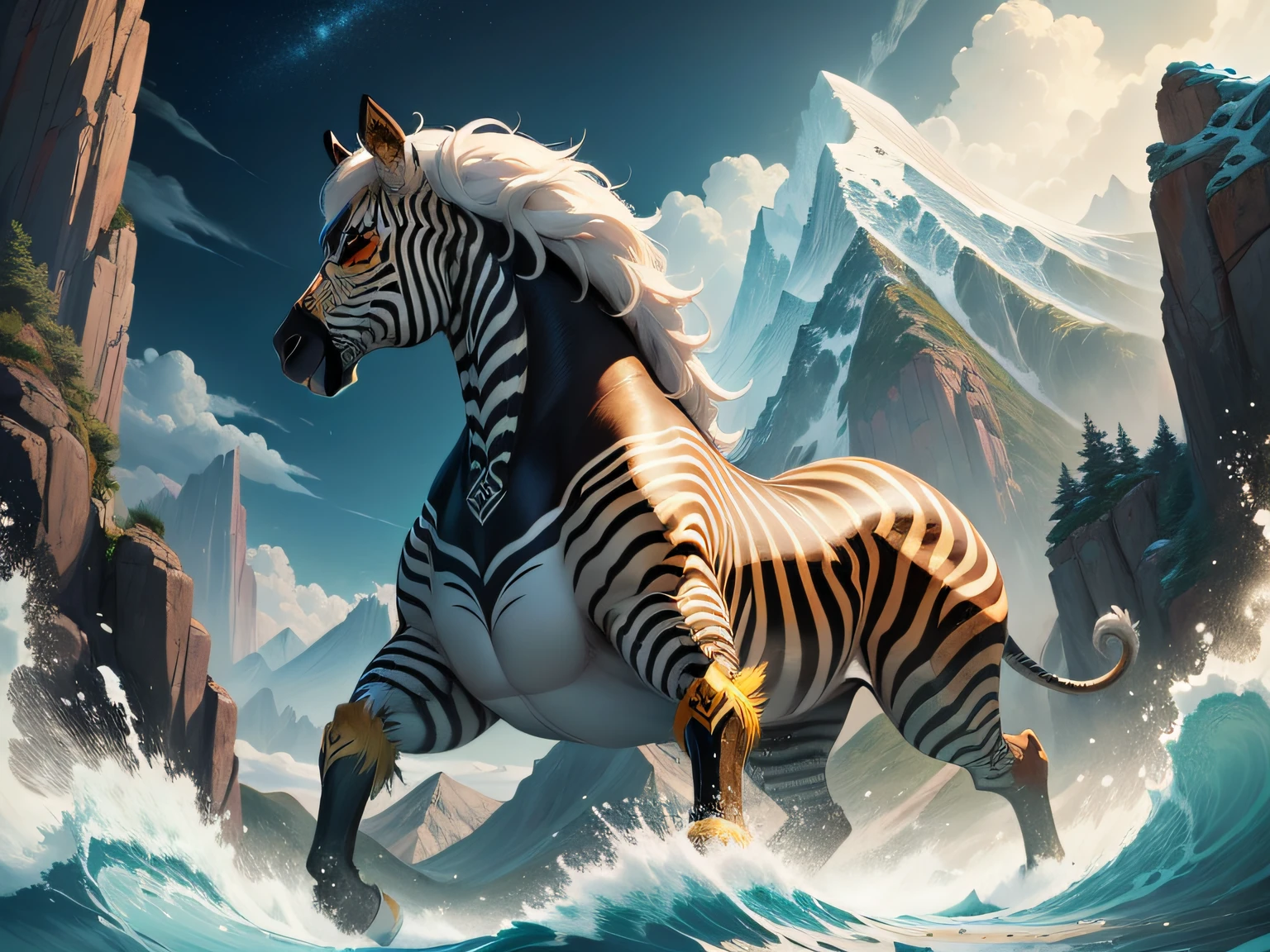 tmasterpiece，High Picture Quality, Dynamic cartoon style, Inspired by the Classic of Mountains and Seas，Chinese mythology and stories, Beast image, high saturated, Yellow zebra pattern, White head, Red tail。