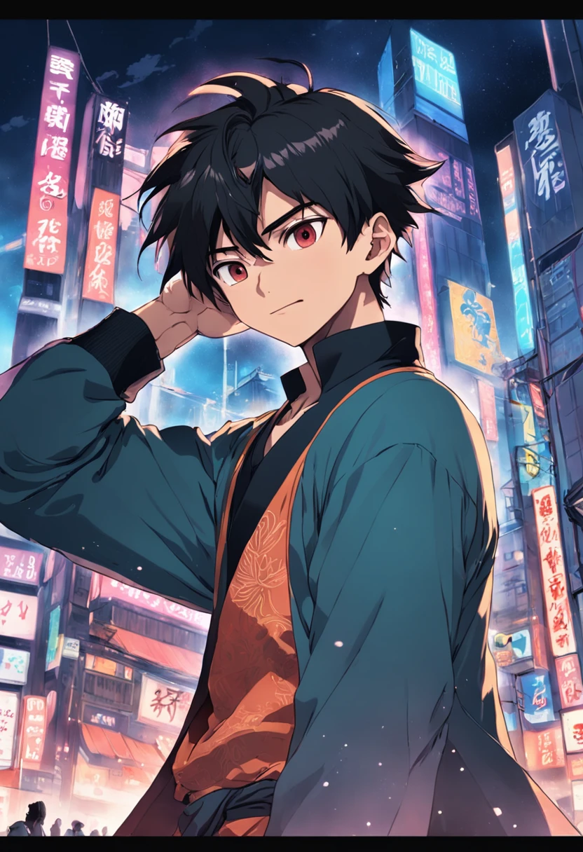 ５Male in his 0s　asian human　１A smile　BigEyes９0s Style Anime Retro