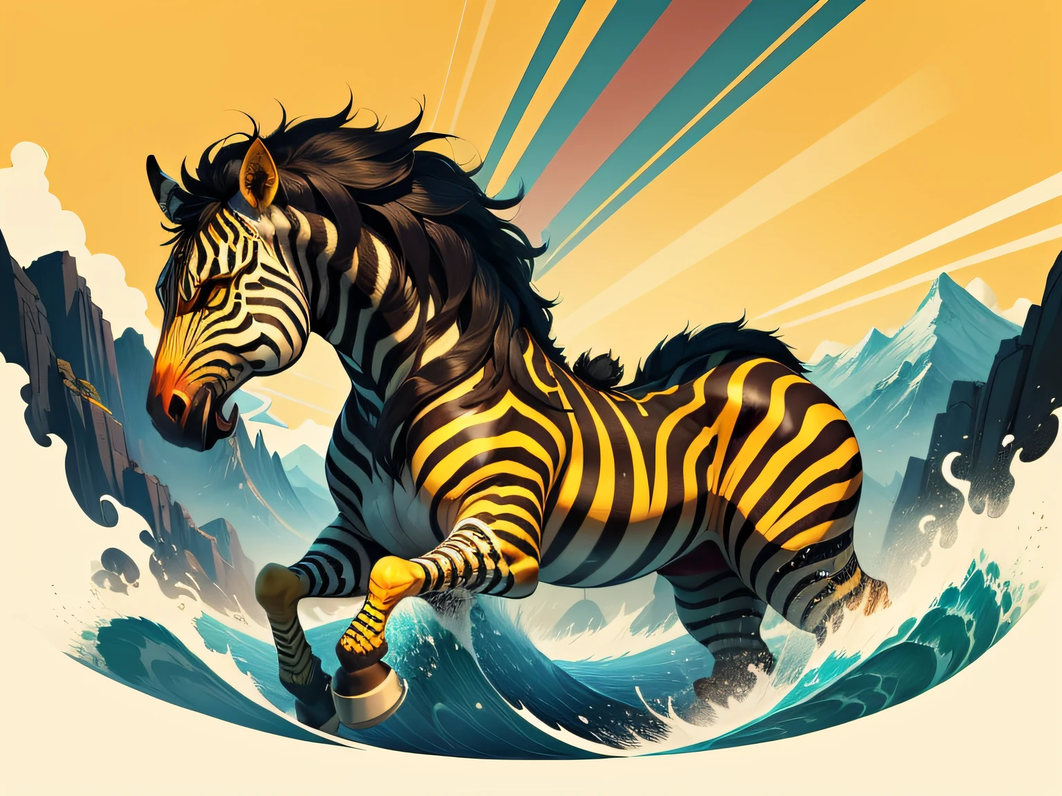 tmasterpiece，High Picture Quality, Dynamic cartoon style, Inspired by the Classic of Mountains and Seas，Chinese mythology and stories, Beast image, high saturated, Yellow zebra pattern, White head, Red tail。