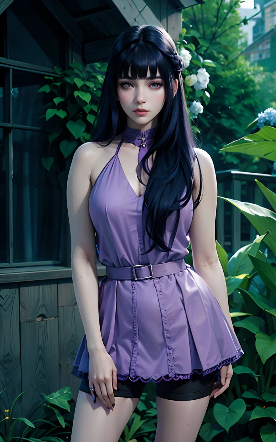 a close up of a woman in a purple dress posing for a picture, blunt bangs, purple eyes, dark blue hair, UHD, photoshoot, realistic, intricate detail, detailed character, big eyes