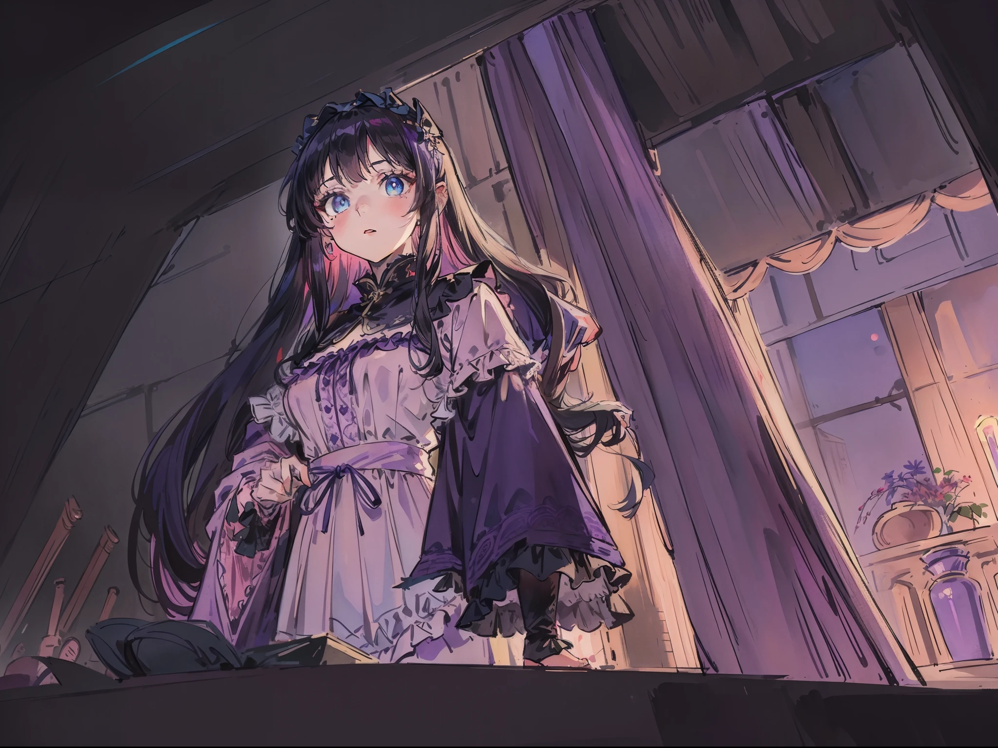 ((Best quality)), ((masterpiece)), Cartoon image of a young woman, Long purple hair, Blue eyes, Layered dress in dark purple and light pink, Lace-like dress underneath with ruffled hemline, Colorful intricately patterned cape/shawl draped across her back