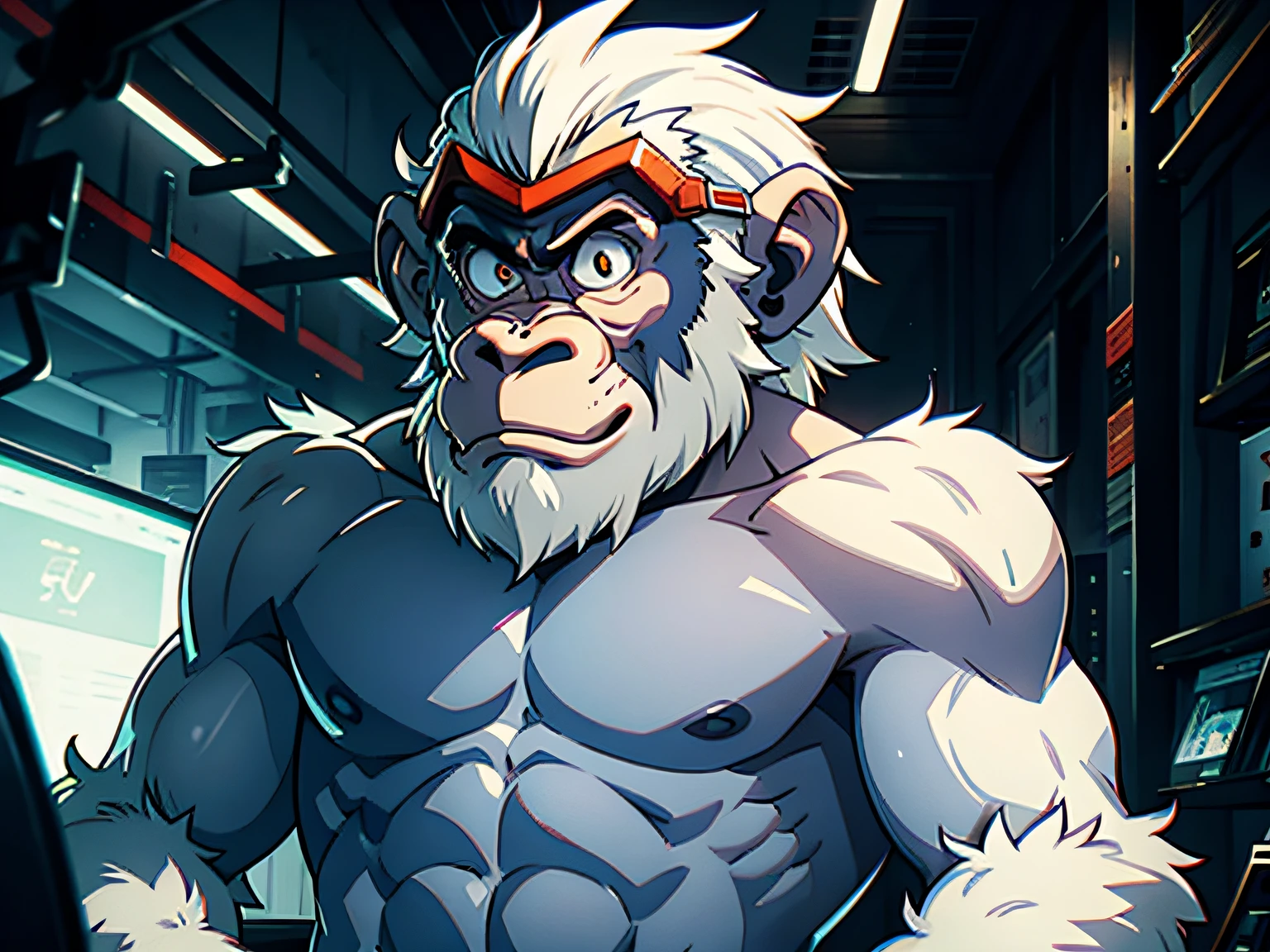 solo, breath (ultra detailed), a beautiful and detailed full size portrait of a male anthro gorilla, oozaru, brown fur, fur body, monkey tail, red eyes, close up view, glowing eyes, empty eyes, tail, bedroom eyes, detailed eyes, big body, sexy body, (wide body). goddess, kenket, Ross Tran,ruan jia, trending on artstation,foxovh, cenematic lighting, ((quarter view, sitting on bed, spaceship room, night, open legs, black underwear, nipples, big bulge))), curvy figure, angry, open mouth, blush,
