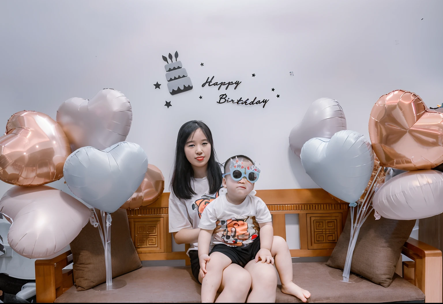 there is a woman and a  sitting on a bench with balloons, happy birthday, 🤬 🤮 💕 🎀, 2 yearsthday party, kid, with a kid, birthday, photo taken with canon 5d, taken with canon eos 5 d mark iv, 😭 🤮 💕 🎀, 🕹️ 😎 🔫 🤖 🚬