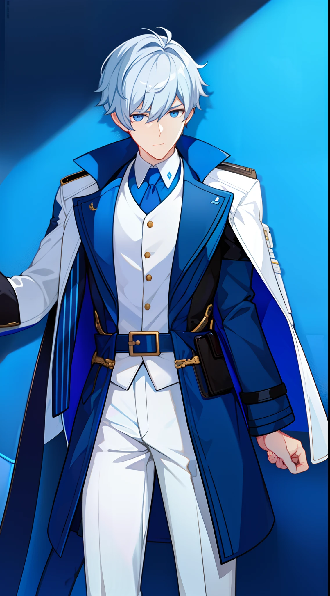 Grown-up guy, short white hair, eyes with blue color, Blue leather coat, belts, circuits, breeches, two swords, Masterpiece, hiquality