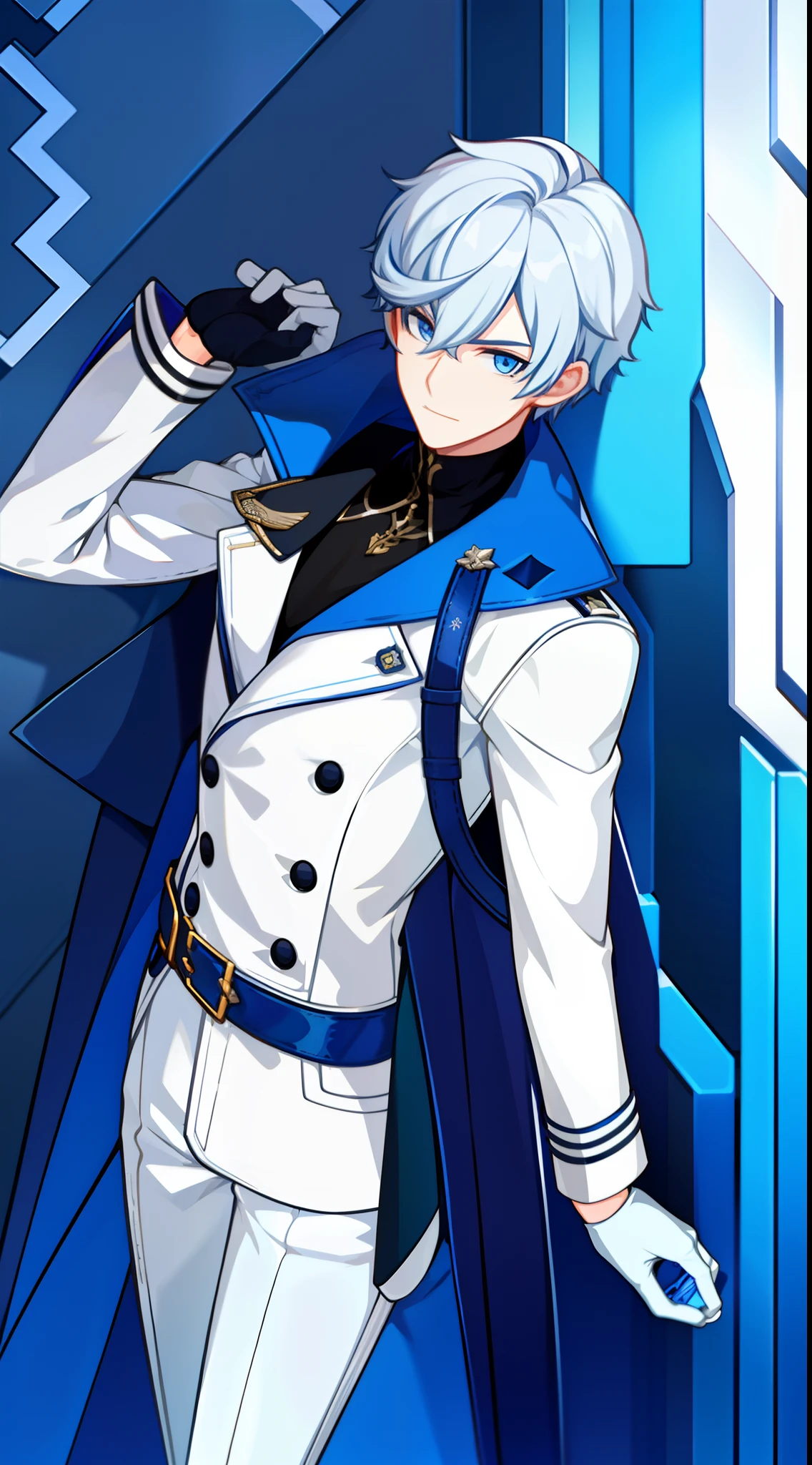 Grown-up guy, short white hair, eyes with blue color, Blue leather coat, belts, circuits, breeches, two swords, Masterpiece, hiquality