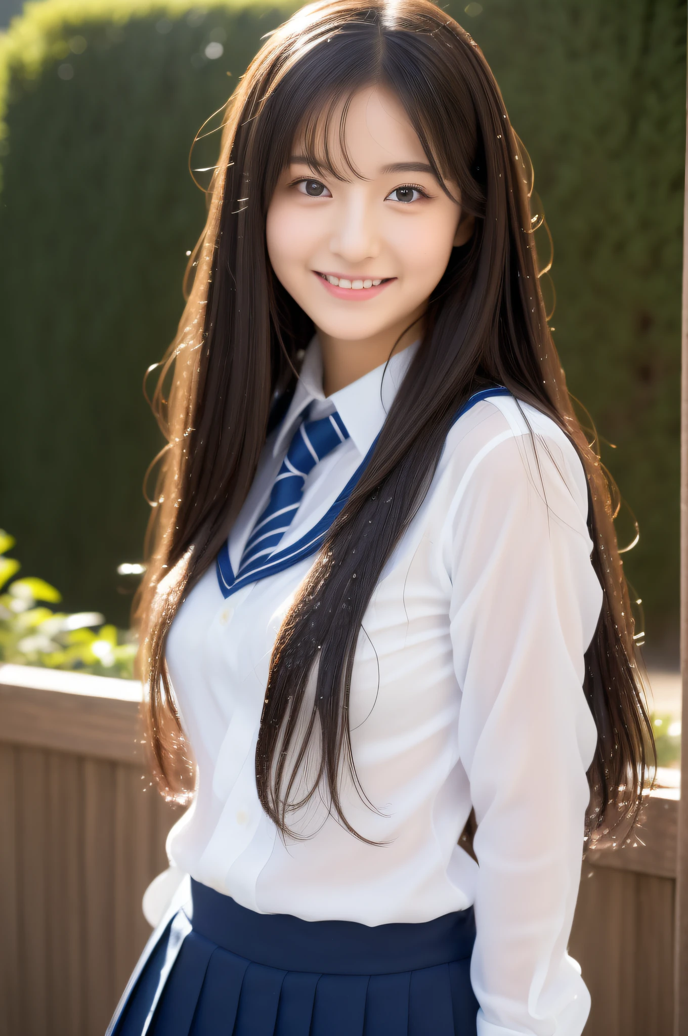 (((high detal,high-detail、masterpiece,Attention to detail))),Arab-asian woman in uniform, Realistic Young Gravure Idol, a hyperrealistic schoolgirl, Japan school uniform, japanese girl school uniform, a hyperrealistic schoolgirl,Young Pretty Gravure Idol, wearing japanese school uniform, Young Sensual Gravure Idol, Young Gravure Idol, Beautiful but innocent schoolgirl when you laugh,the whole body is wet,dripped out,with a flushed face,Beautiful girl with beautiful legs,Beautiful woman natural light、the whole body is wet,Sheer clothing,Semi-long,perm,Brown shiny hair,Hair is wet,Dripping water,dripping,,Have a troubled face,