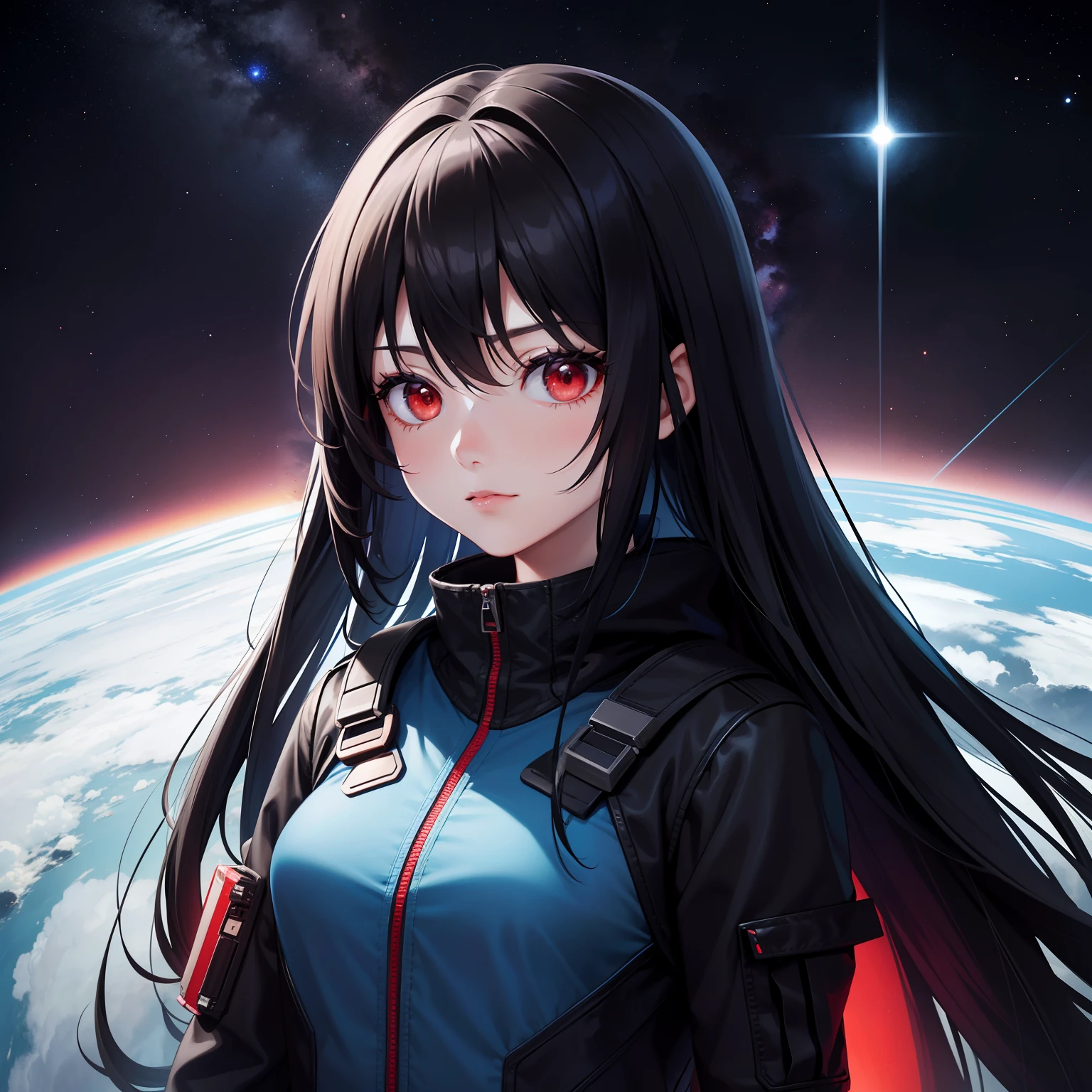 A girl with blood-red eyes，black color hair，Wearing a blue space protective suit，floating in the universe，There is a huge spaceship next to it，The girl's figure seemed a little small