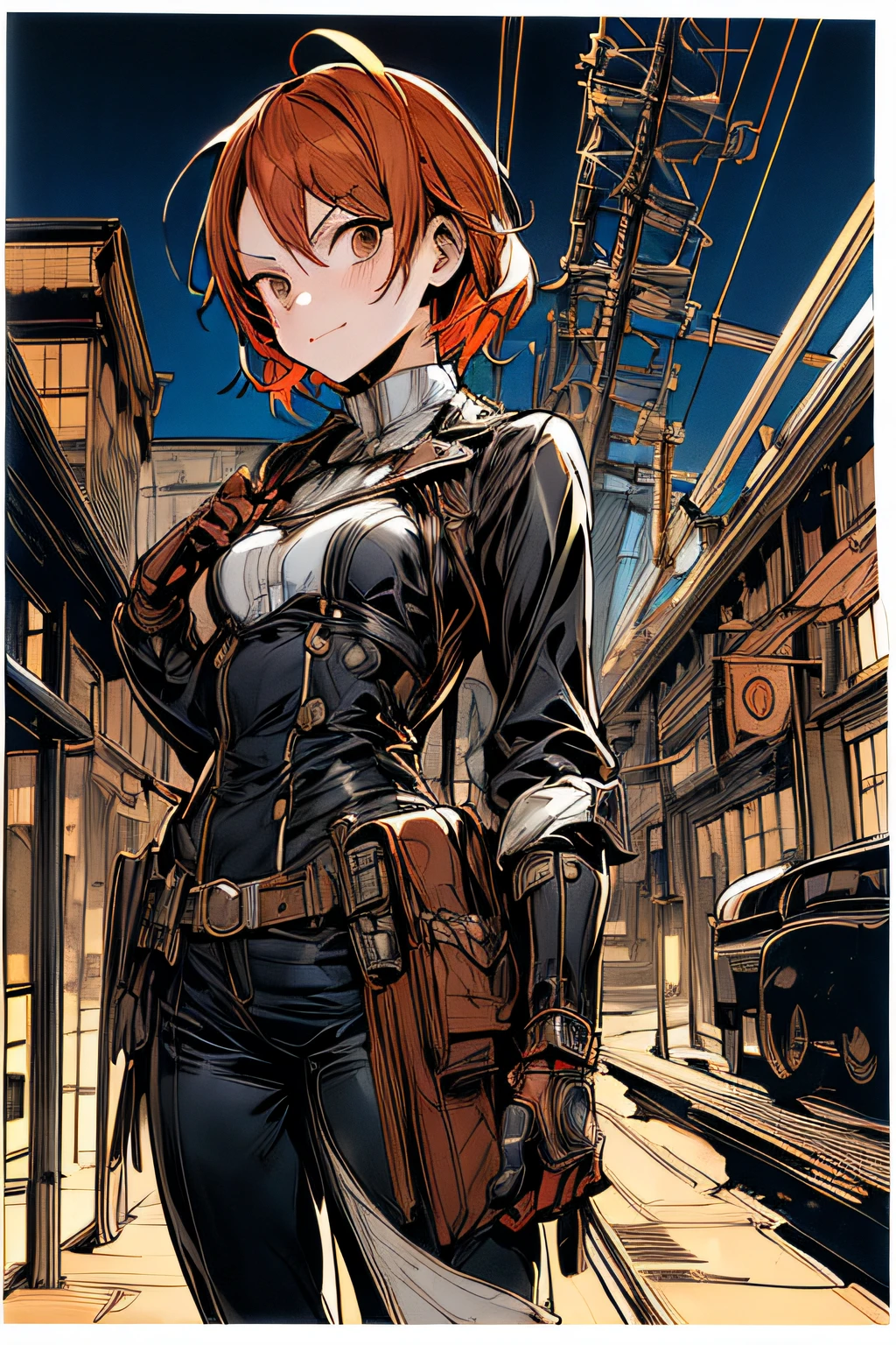 (comic book style),(linear art_Anime),(masutepiece, Best Quality, ),(Laura Bad Picture:1.2),(Lora Add Details:1.2),Highly detailed flat color work in 8K,1 girl in,steampunc、machinery background