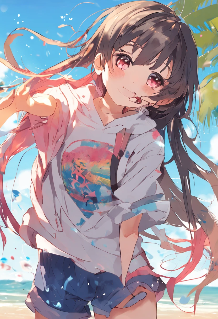 The best anime Japan。Wearing gym clothes。In half pants and short sleeves、Large size。Lustrous eyes and hair、Sunlight Effects、Cute smile、 full bodyesbian,Big, sparkly clean eyes,shiny hair,soio,Good looking body,The background is the seaside,Splashes of colorful paint、 watercolor paiting, Clothes covered in paint, Covered in paint、 High school girl covered in paint all over her body,Realistic paint stains