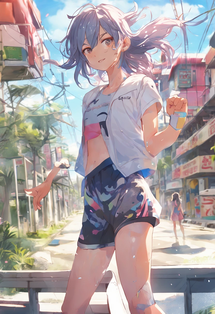 The best anime Japan。Wearing gym clothes。In half pants and short sleeves、Large size。Lustrous eyes and hair、Sunlight Effects、Cute smile、 full bodyesbian,Big, sparkly clean eyes,shiny hair,soio,Good looking body,The background is the seaside,Splashes of colorful paint、 watercolor paiting, Clothes covered in paint, Covered in paint、 High school girl covered in paint all over her body,Realistic paint stains