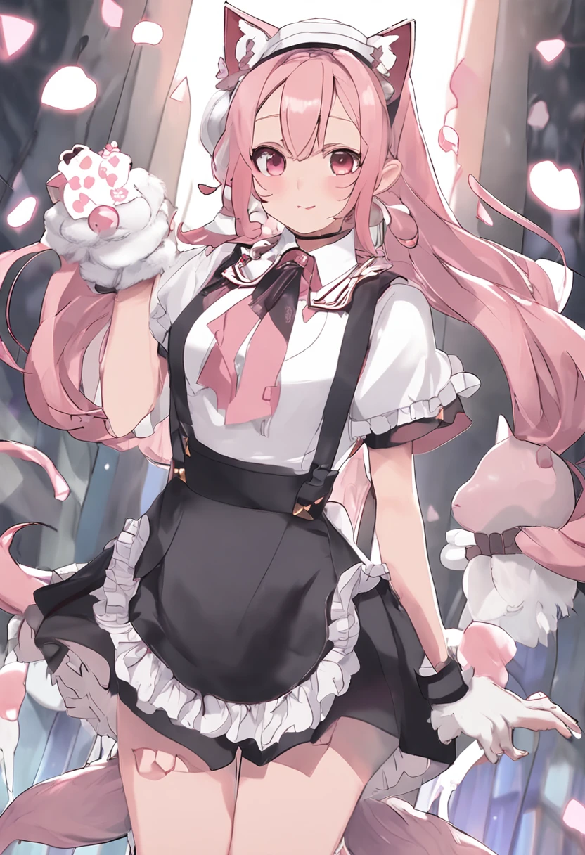 Has cat ears
Gold-rimmed half-rimmed glasses
Dyed silver waist-length hair
Pink collar with bell and cat's paw print
A miniskirt maid outfit in a one-piece pink and white color
White stockings with cat's paw prints
Girl with dark mid-heeled shoes