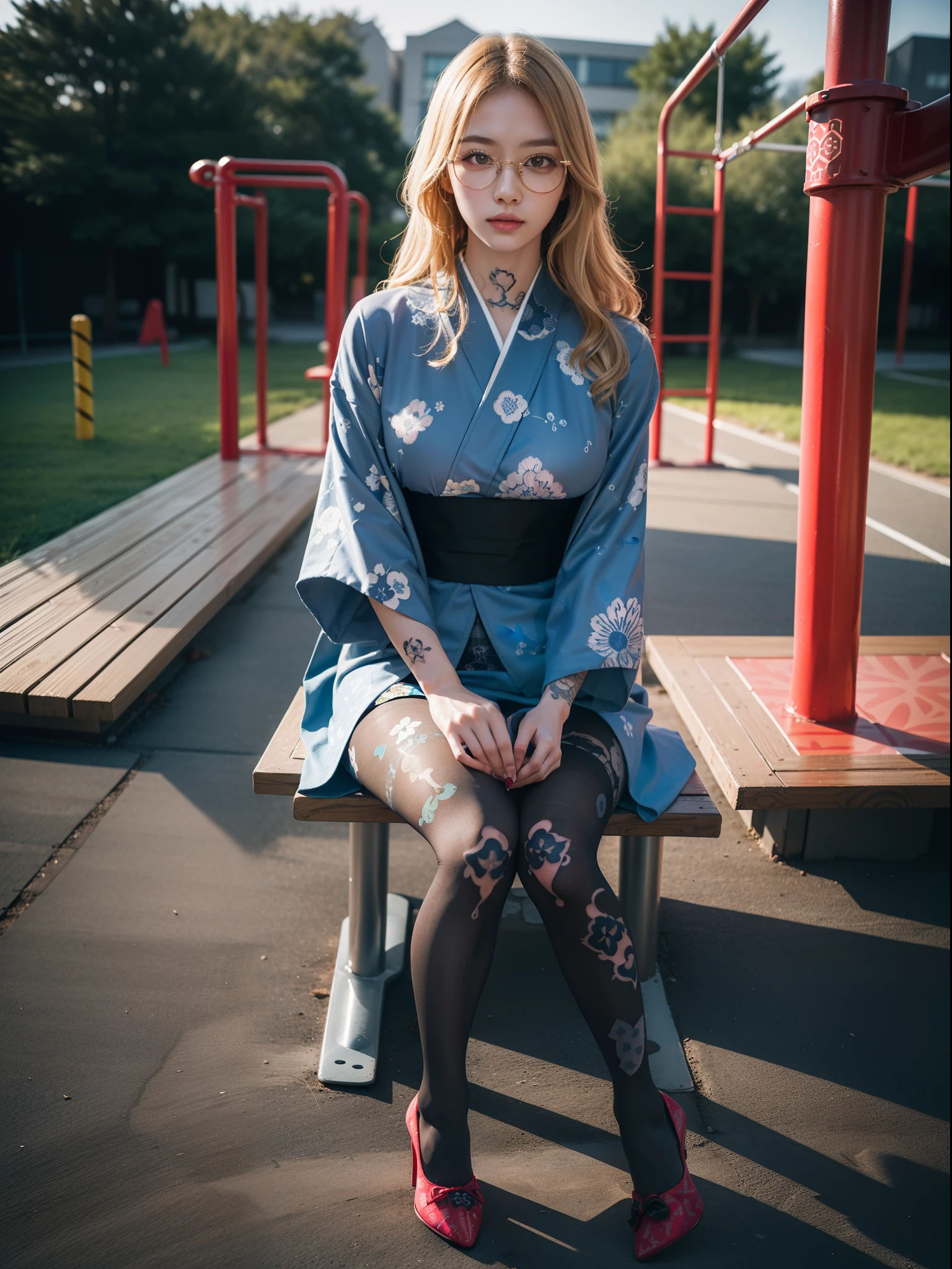 (full body:1.5),(((1girl)):1.3),(view the viewer:1.4),((anatomy correct):1.45),(((Sitting on the outdoor playground))):1.3),(she wears large glasses and Holding a bouquet of fresh flowers in his hand:1.2),(shy:1.15),((Japanese kimono's set):1.2),(((((((Patterned)))))) ,((pantyhose)):1.3),(((tattoo)):1.3),( Uniform high heels leather shoes with bows for female students:1.1),(Accurate and perfect face:1.3),((red-eyed blonde):1.2),hyper HD, Ray traching, reflective light, structurally correct, Award-Awarded, high detail, lighten shade contrast, Face lighting ,cinematic lighting, masterpiece, super detailing, high quality, high detail, best quality, 16k,High contrast,