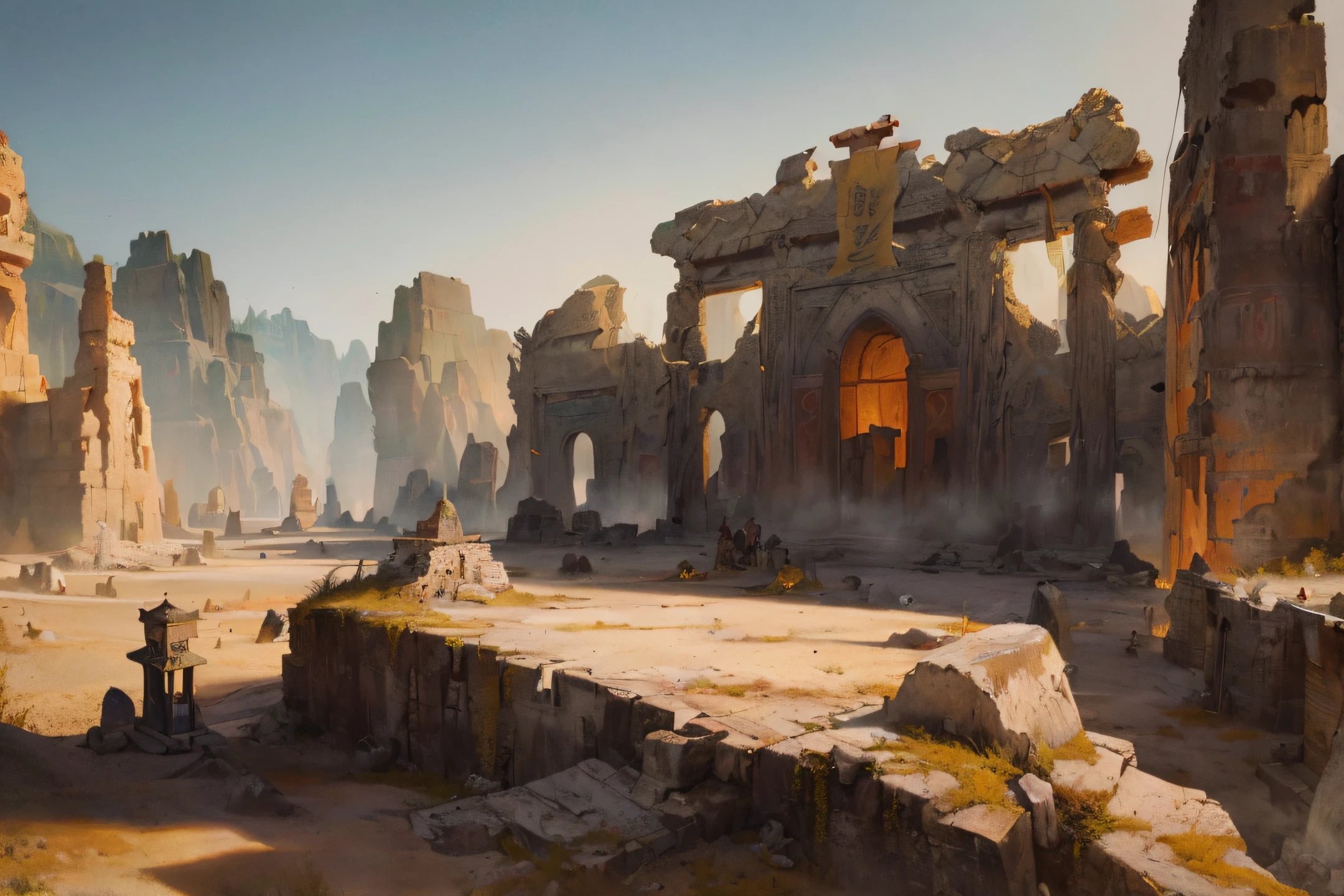 Ancient Eastern Landscapes, ((Ancient Monsters)), (Desert), (Dunhuang), ((Desolate)), Gray, (Ancient Loulan), (Yellow Sand), ((White Bones)), ((Dried Blood)) , (prayer flags), (ruins), absurdity, realistic lighting, (chasm) masterpiece, high quality, beautiful graphics, high detail,