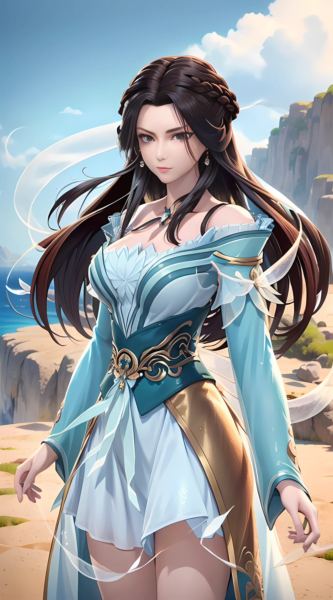 tmasterpiece, Need, 1female, brunette color hair, cropped shoulders, long whitr hair, shift dresses, Cowboy photos, Dynamic pose, first person perspective, White fairy island background, Round Zen art,hyper HD.