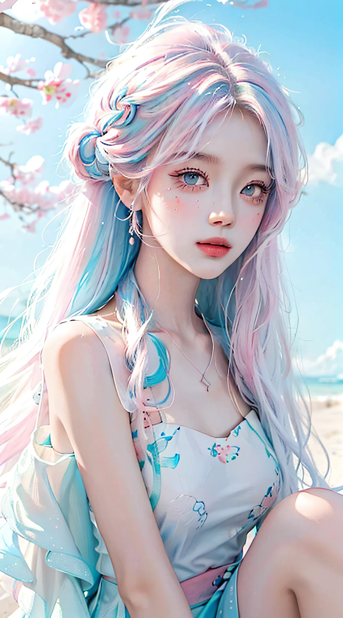 （tmasterpiece、best qualtiy、A high resolution），white backgrounid，Acrylic paints，（（splash of color，Splash ink、Color splattering）），Sweet Chinese girl，light blue long hair，[light blues|Pink big breasts]the hair，curlies，glitters，Pink lips，White color blouse，frontage，Above the legs