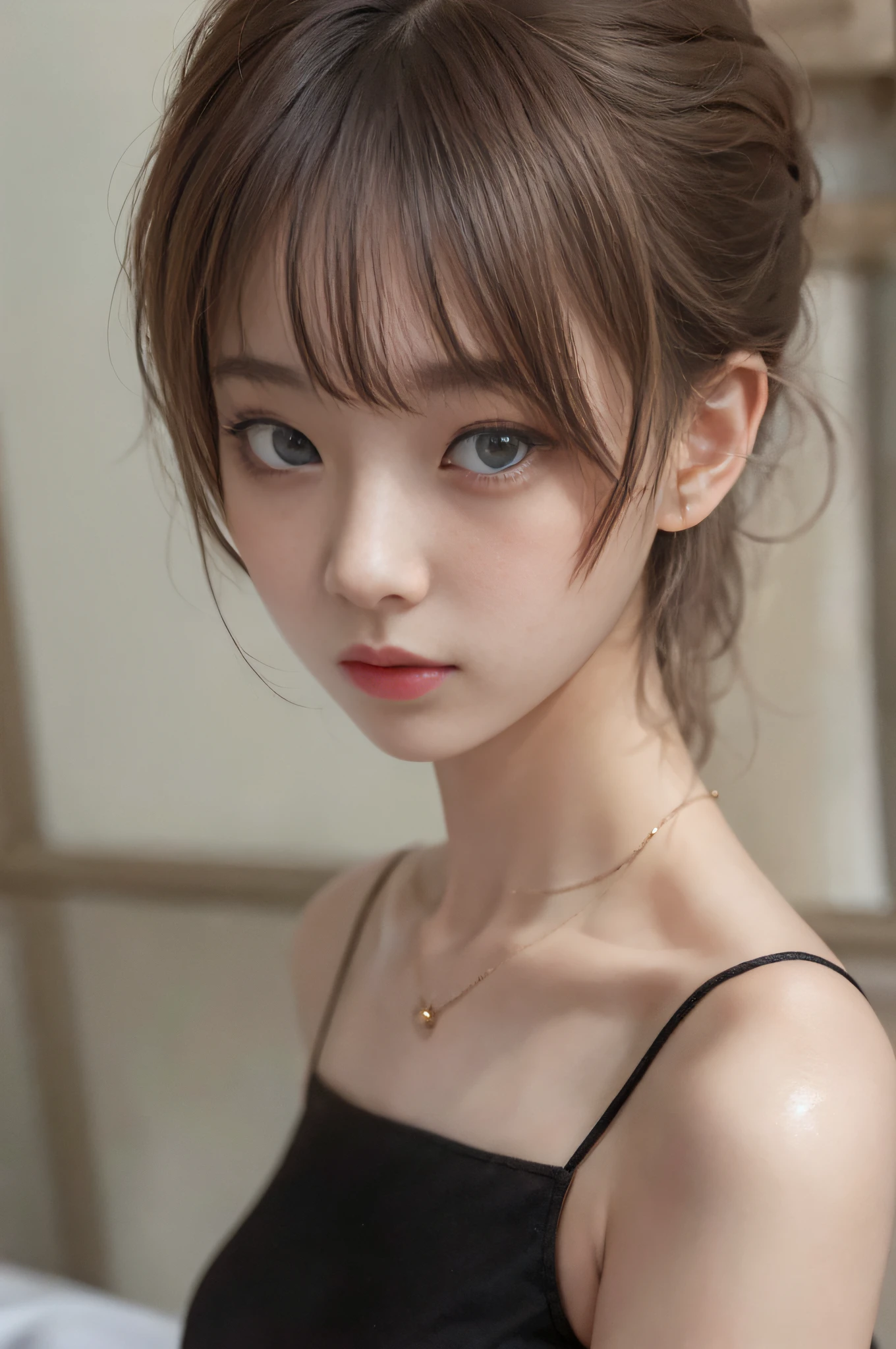 (Raw photography、top-quality)、(realisitic、Photorealsitic:1.3)、top-quality、masterpiece、extremely delicate and beautiful、A highly detailed、nffsw、A sense of unity、2k wallpaper、magnifica、Beautiful in every detail、masterpiece、浅笑、top-quality、Highly detailed ticker Unity 8K wallpapers、huge filesize、ultra-detailliert、hight resolution、ighly detailed、Female 1 Person、Slim body、D-cups、(Black Leotard Top:0.7)、(Pink skirt:1.2)、(Bun hair)、(brown haired)、Look at the front、Sharp Focus、Face Close-up、pureerosface_v1:0.8 Short Hair、