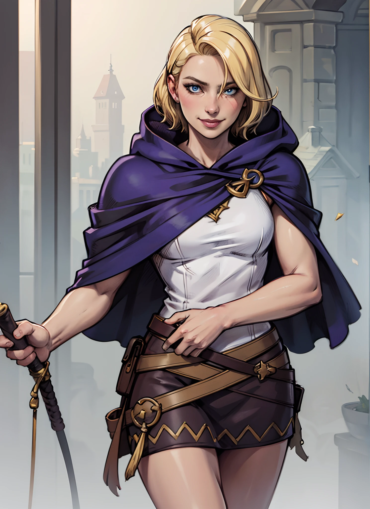 a beautiful sorceress, blond hair, magic, blonde short hair, fantasy style, blonde dress, blonde smile, detailed blue eyes, detailed brown eyes, revealing assassin cloak, magic robe, D&D, the cloak is made of origami, weilding, sprinkling of times, intricate details, realistic, octane render, focused, detailed, photorealistic, hyperrealism, 4K