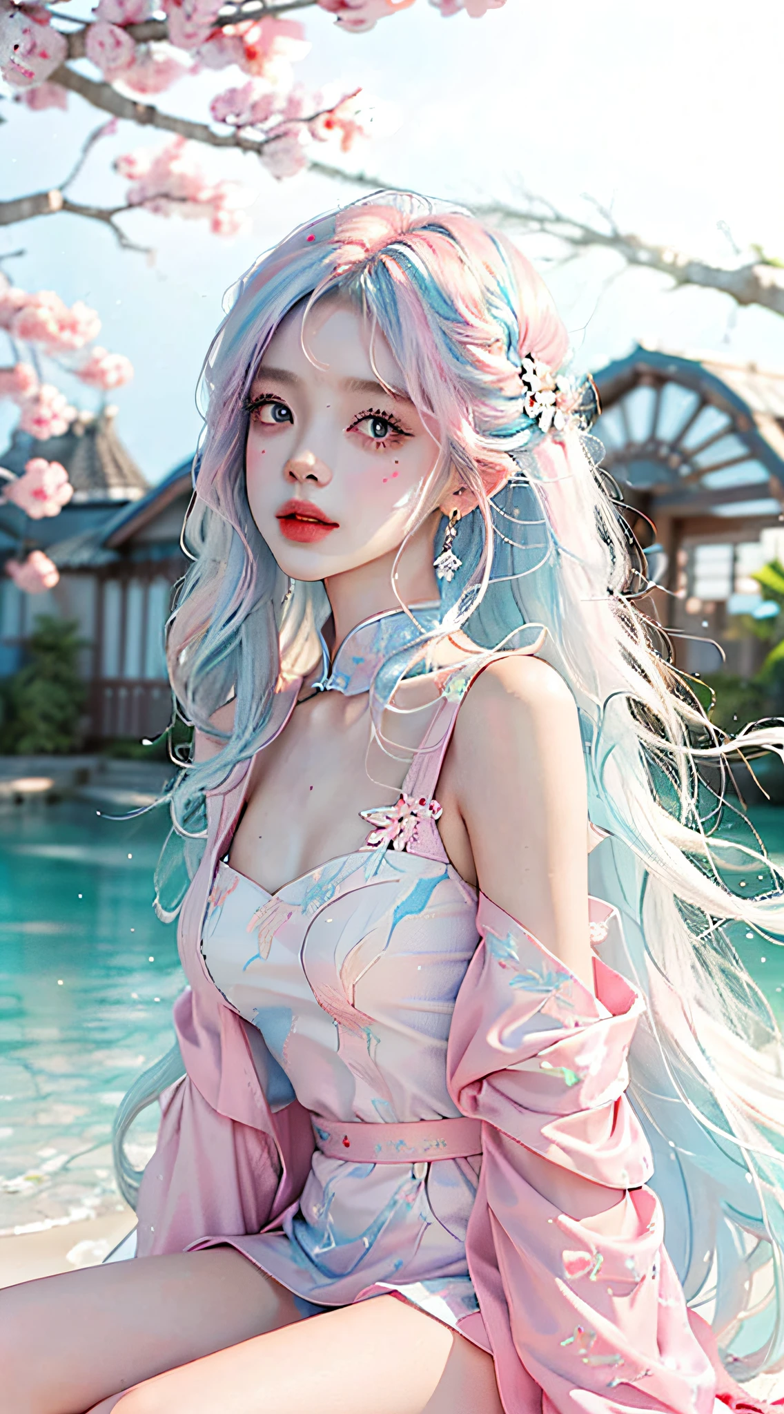 （tmasterpiece、best qualtiy、A high resolution），white backgrounid，Acrylic paints，（（splash of color，Splash ink、Color splattering）），Sweet Chinese girl，light blue long hair，[light blues|Pink big breasts]the hair，curlies，glitters，Pink lips，White color blouse，frontage，Above the legs