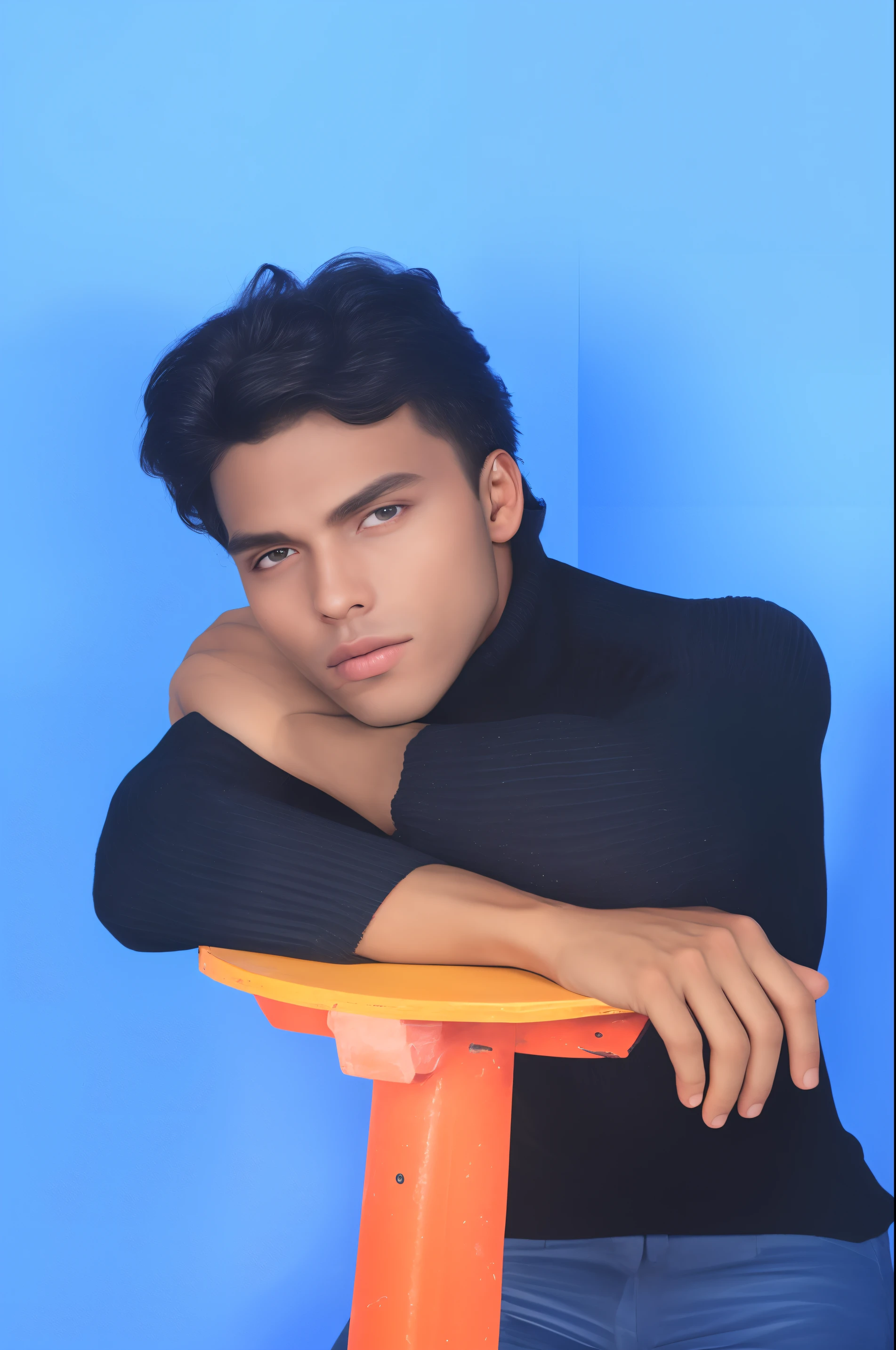 change the background with male model photoshoot inside studio. Describe the subject. Add relevant  details. Describe the form and style. Define the composition.
