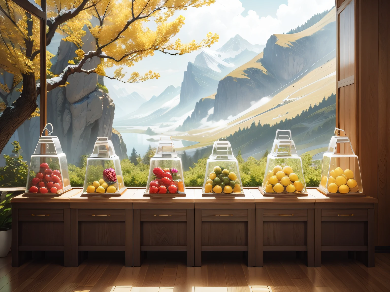 mont,fruit trees。crystal,gold,White ape