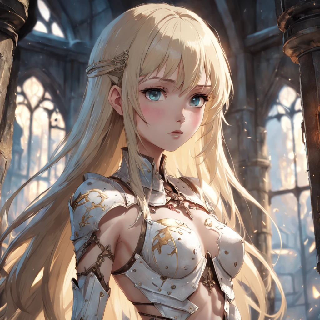 beautiful slender young long-haired with bangs blonde woman in tattered white fantasy armor with exposed chest, castle interior, UHD, elven fantasy, micro details, soft light, photorealistic, proportional, hyper details