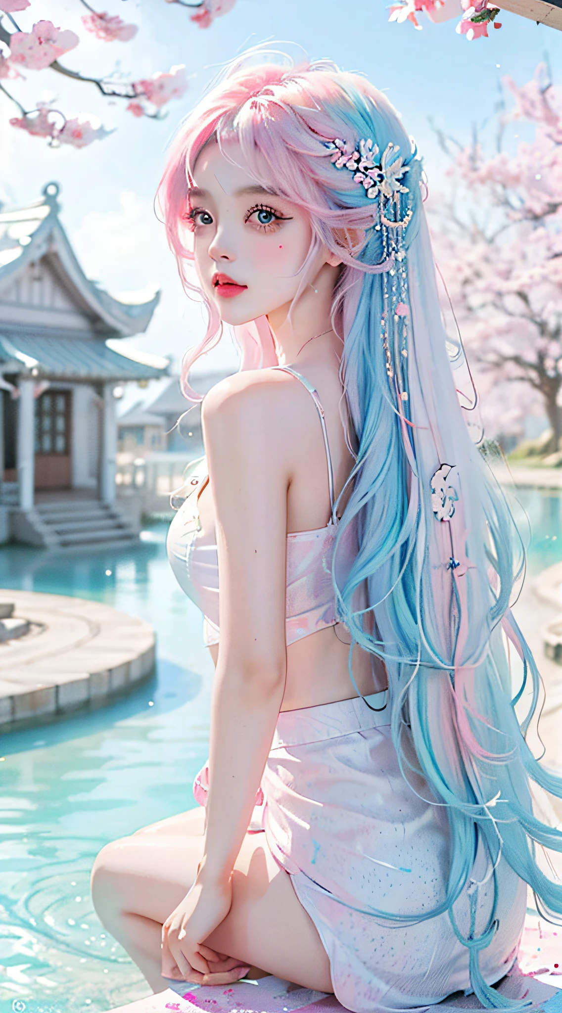 （tmasterpiece、best qualtiy、A high resolution），white backgrounid，Acrylic paints，（（splash of color，Splash ink、Color splattering）），Sweet Chinese girl，light blue long hair，[light blues|Pink big breasts]the hair，curlies，glitters，Pink lips，White color blouse，frontage，Above the legs