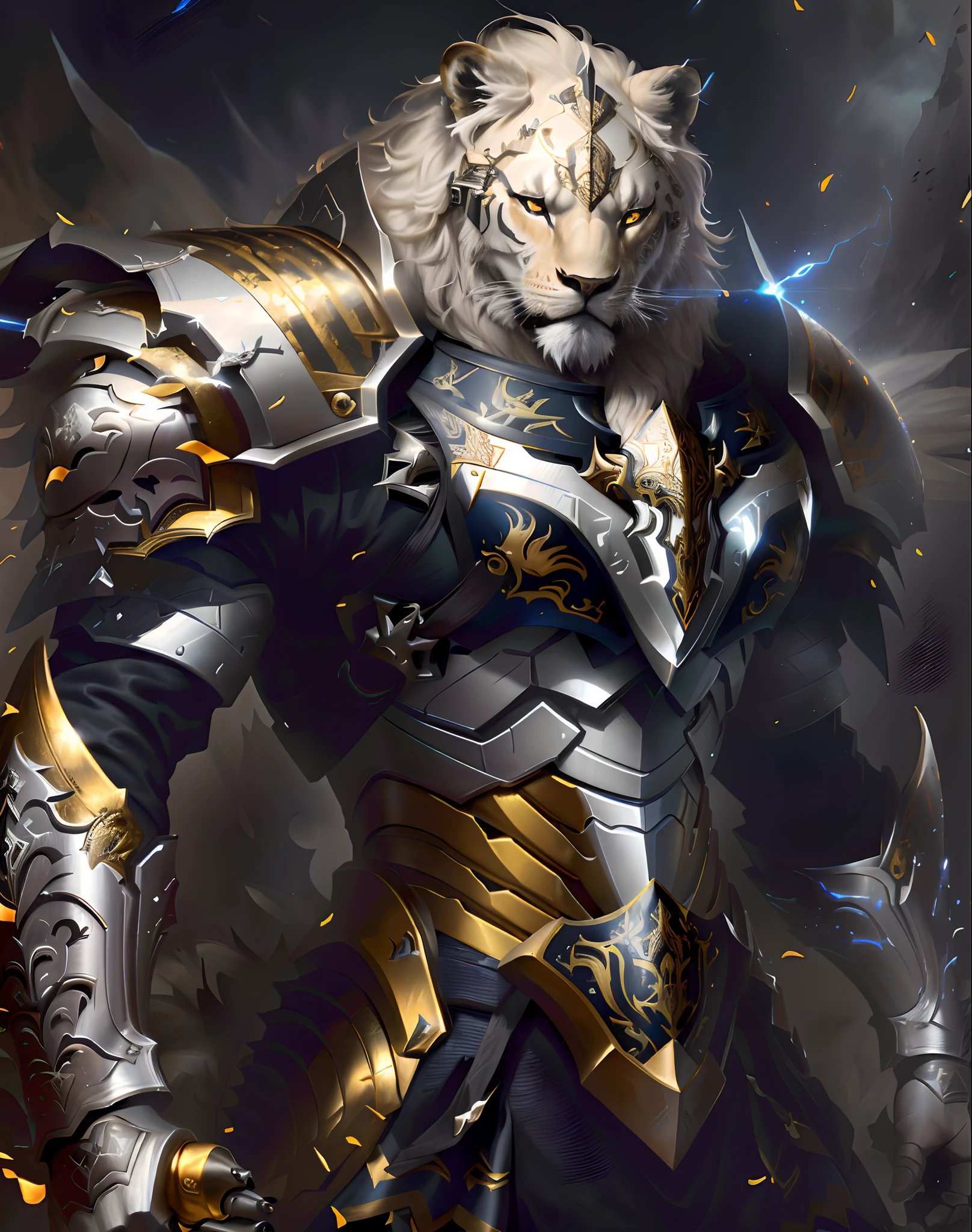 um close up de um leao branco com detalhes cinza vestido com armadura com uma espada, O Cavaleiro da Armadura do Gato Dourado e vermelho, olhos expressivos , Olhos ambar e vermelhho, fury expression, cabelos longos, marcas negra no rosto obra-prima artstation, lion warrior, Arte digital altamente detalhada em 4k, armadura vermelha e dourada pesada, Arte digital detalhada em 4k, intrincada armadura dourada, Deviantart ArtStation, por Yang J, 8k arte detalhada de alta qualidade, paladino de ouro, 4K fantasia detalhe