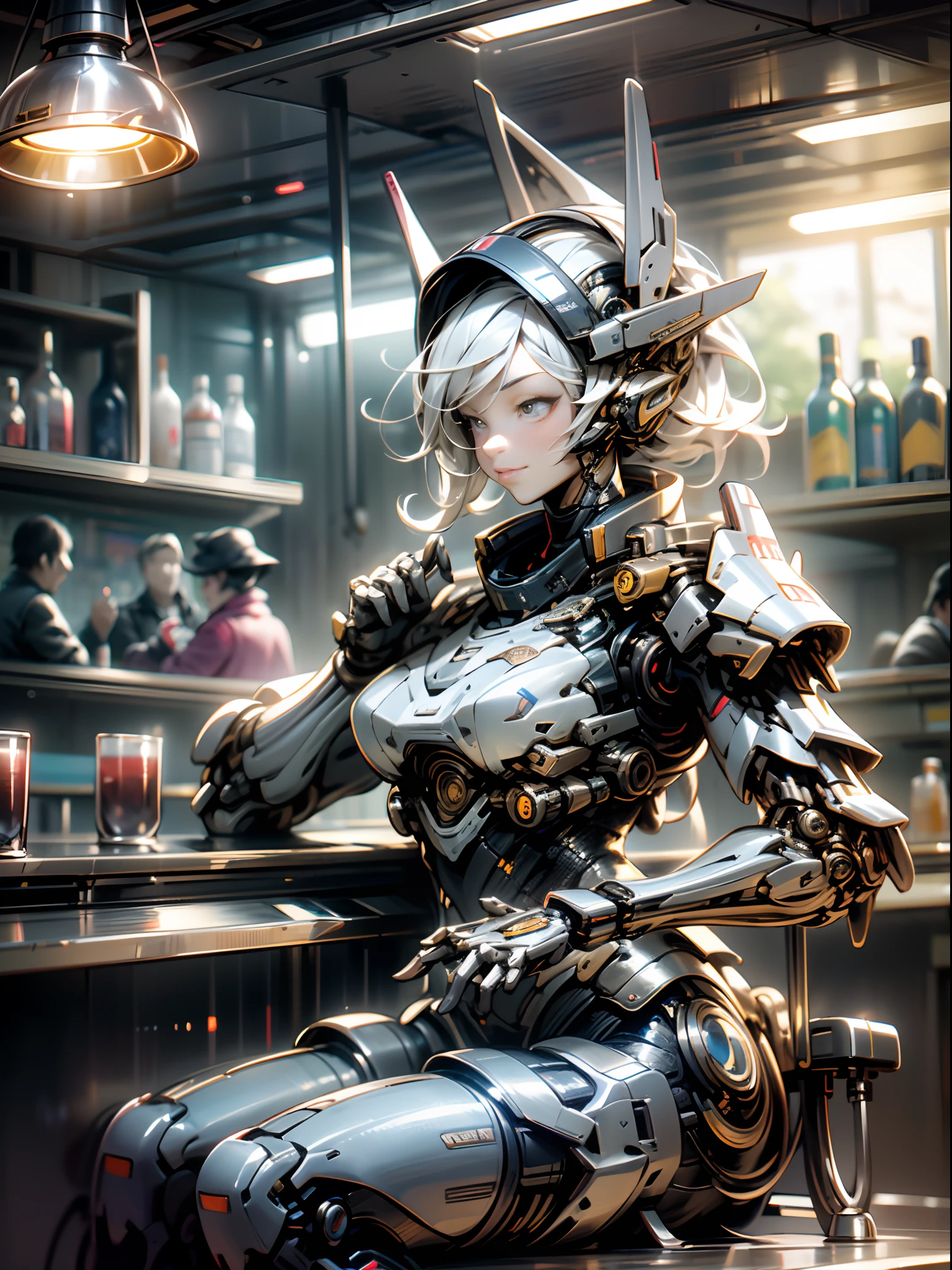 2 people,Mechanical police judge sitting in front of the bar bar,Police badge,Chat with a bartender,Highly complex armor,hyper realisitc,cyber punk style, rendering by octane,(tmasterpiece,best qualtiy),Ultra-detailed 8K,realisticlying,Clear focus,highly detailed,profesional lighting,(lens flare glow:1.2),