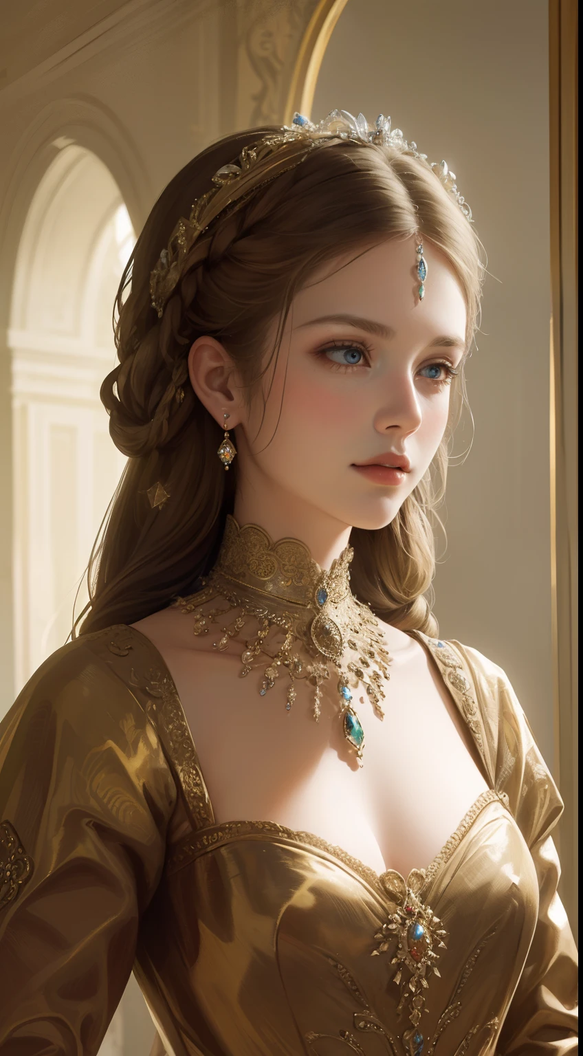 (Ultra-high quality masterpiece，Beautiful bust of an 18-year-old noble girl，Classical braids，The eyes are shiny and clear，Floral craftsmanship，Crystal jewelry，Ultra-fine details，Soft lighting)