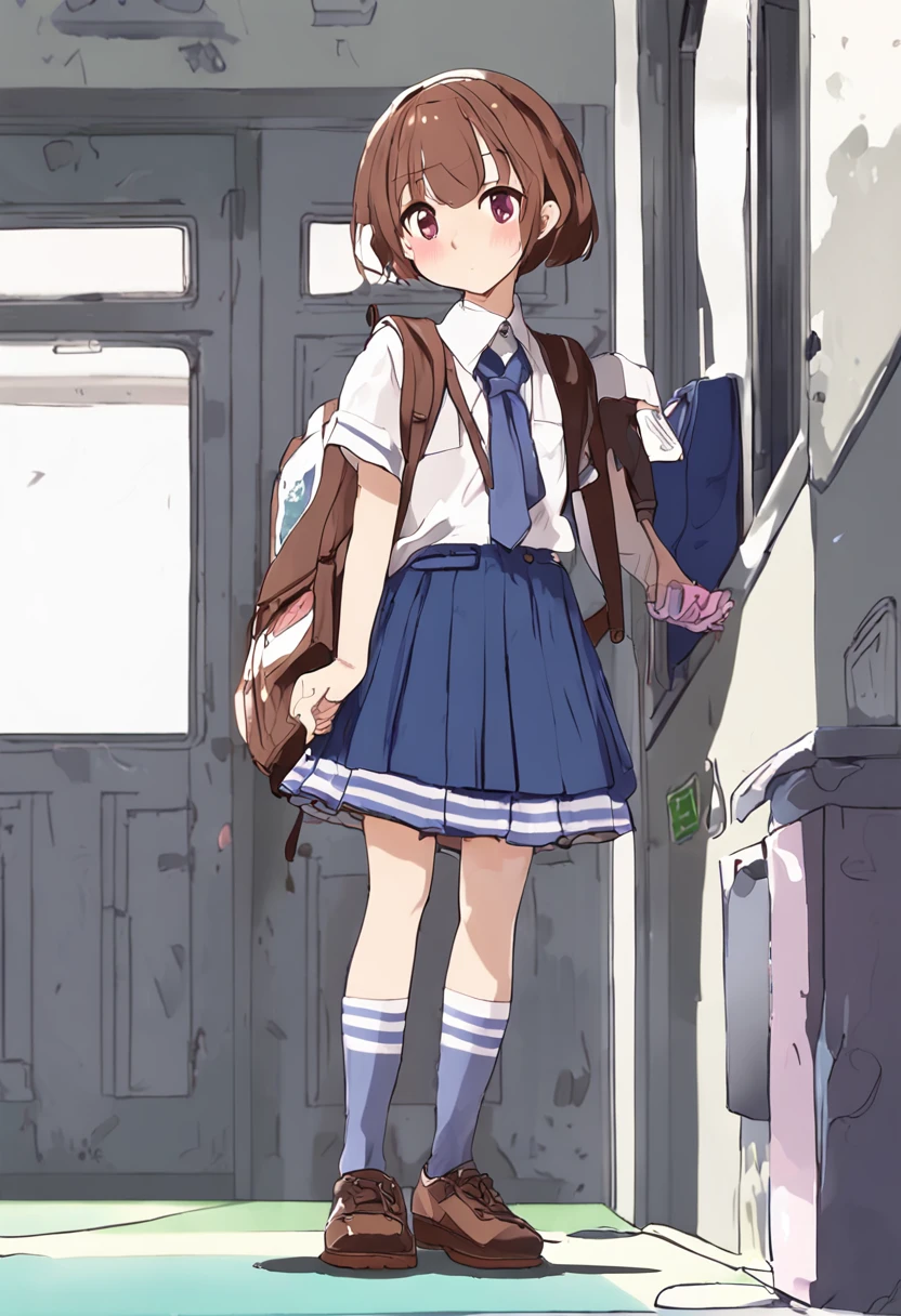 top-quality, Hi-Res, ((((((Girl In School Corridor)))))), 独奏, ((((((School uniform with a little paint)))))), (((((Skirt with a little paint))))), (((((Brown hair))))), sockes, serafuku, Purple pupils, neckerchief, sailor collar, pleatedskirt, white sock, (((Shorthair))), a blue skirt, shortsleeves、Blue Sailor Color, Blue neckerchief, tilt of the head, Aquaneckerchief,a smile,((((((Paint is on clothes)))))),Well-formed face,pretty eyes,(((((Clean hair and face)))))、(((very smiling)))、kawaii