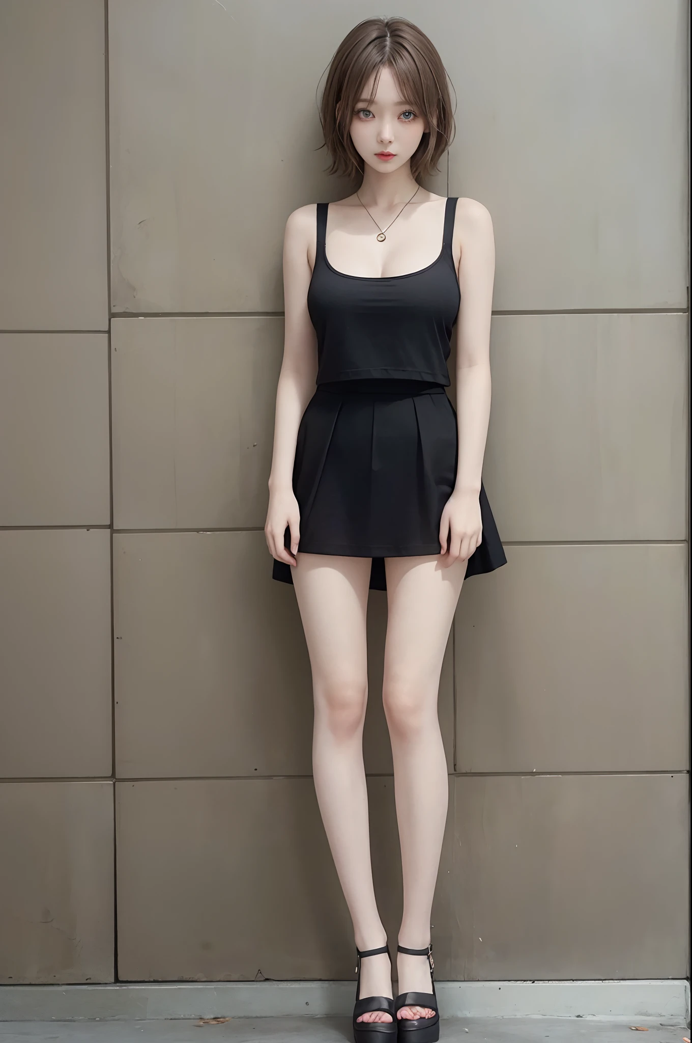 Top image quality、Raw photography、超A high resolution、An 18-year-old woman、Shooting for one person only、modelshoot、big round chest、cleavage of the breast、Wearing a tank top、Wearing a black skirt、Beautiful Eyes of Details、very elongated eyes、Beautiful eyelashes、Beautiful double eyelids、Gray walls、very slender legs、Shorthair with light brown hair、very slender physique、Very small buttocks