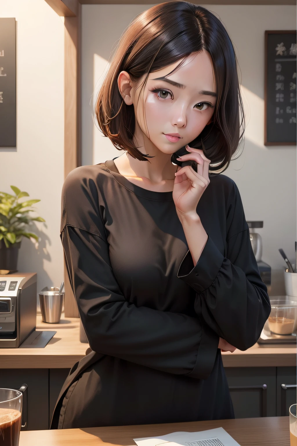 Cafe clerk in black long-sleeved shirt。Hair is a brown hair bob。photos realistic