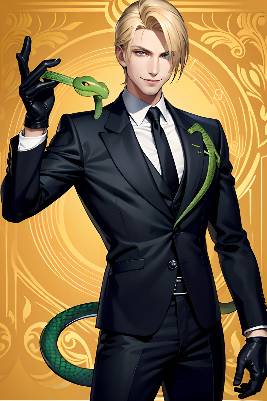 Male with blond hair, evil green snake eyes, evil smile, manipulative, evil, handsome, wearing suit and gloves, colorful